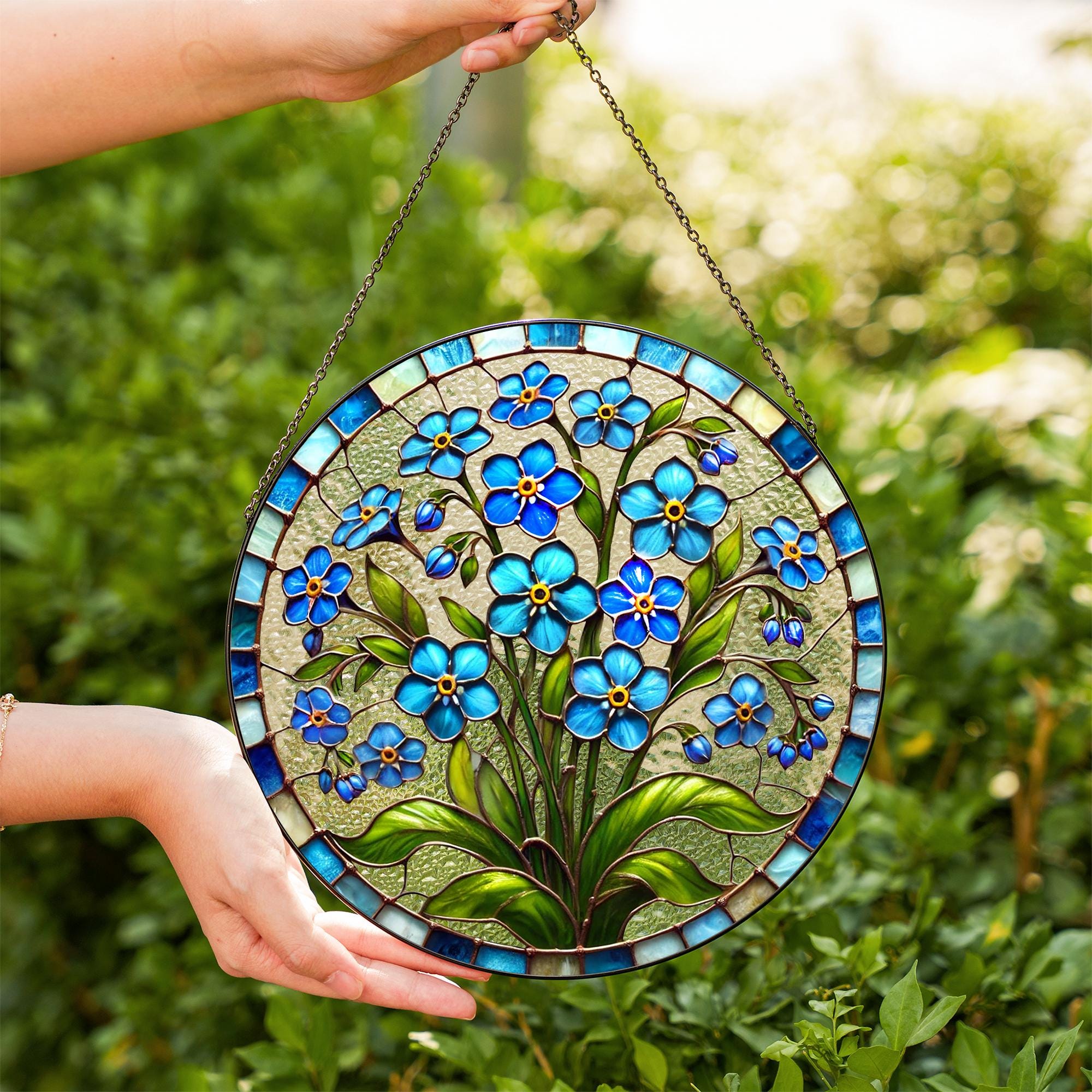 Forget-Me-Not Stained Glass Suncatcher, Blue Floral Sun Catcher Window Hanging, Boho Nature Inspired Art, Botanical Glass Ornament