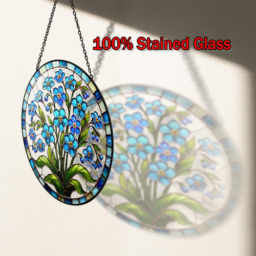 Forget-Me-Not Stained Glass Suncatcher, Blue Floral Sun Catcher Window Hanging, Boho Nature Inspired Art, Botanical Glass Ornament