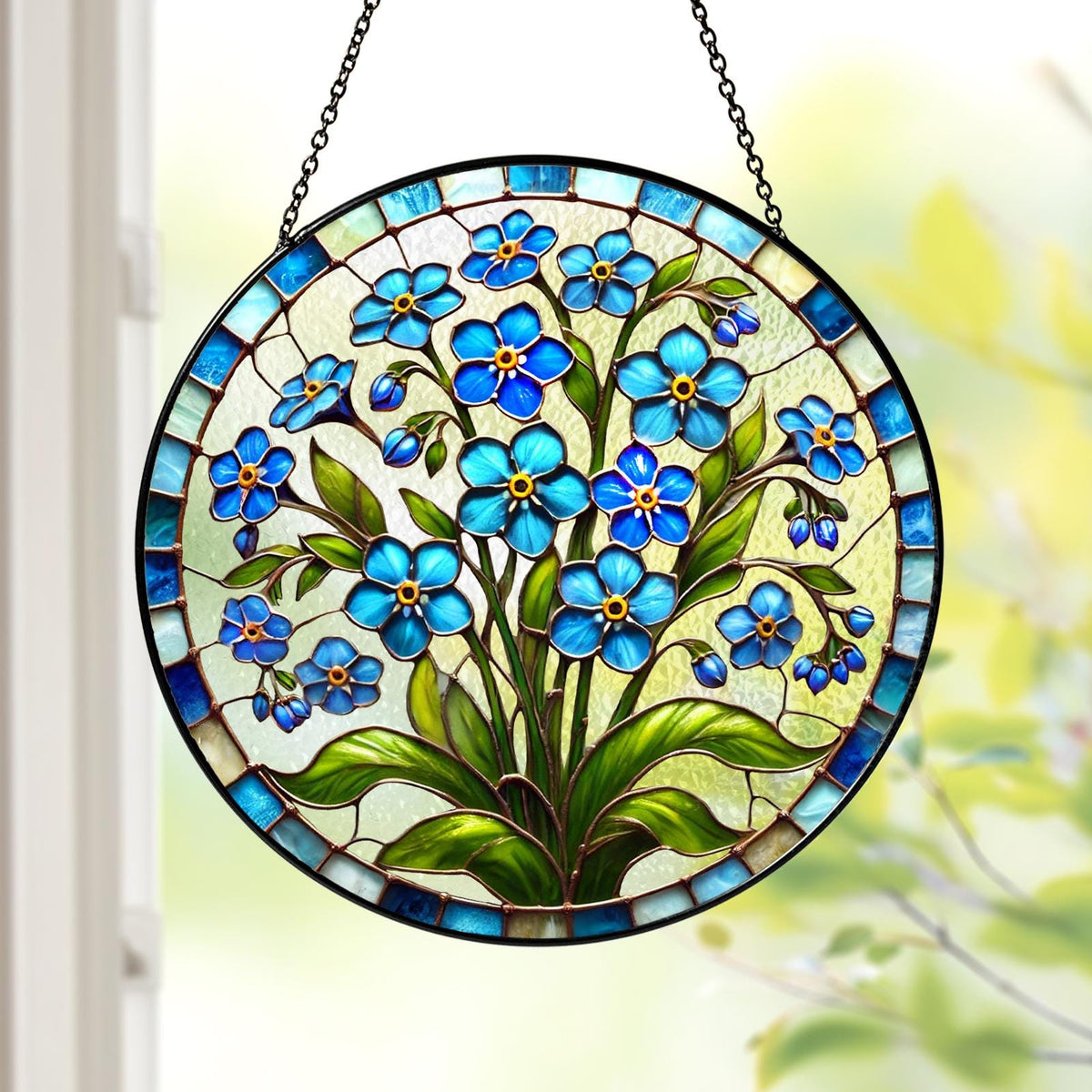 Forget-Me-Not Stained Glass Suncatcher, Blue Floral Sun Catcher Window Hanging, Boho Nature Inspired Art, Botanical Glass Ornament