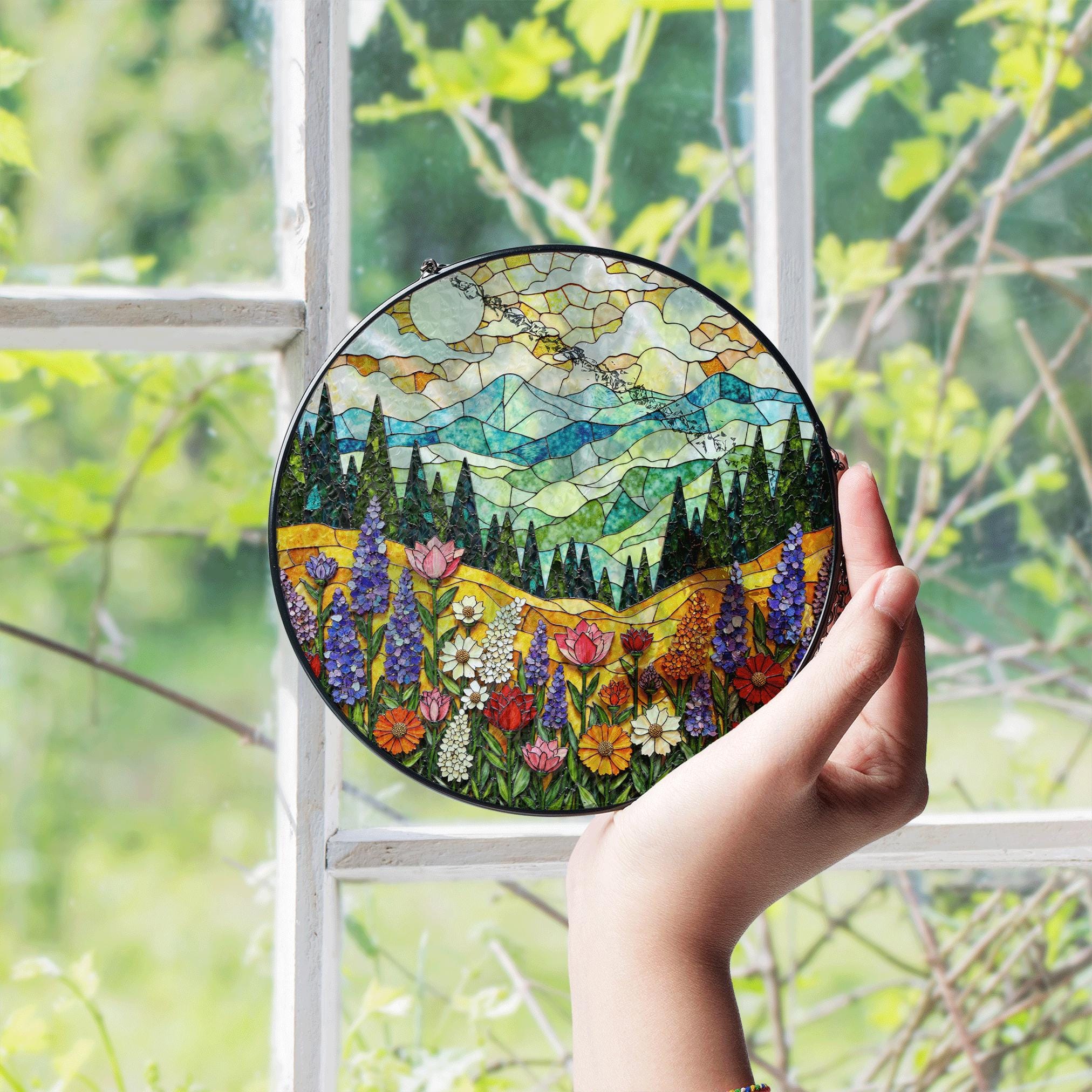 Mountain Wildflower Suncatcher Stained Glass Window Hanging Nature Art Gift for Mom Birthday