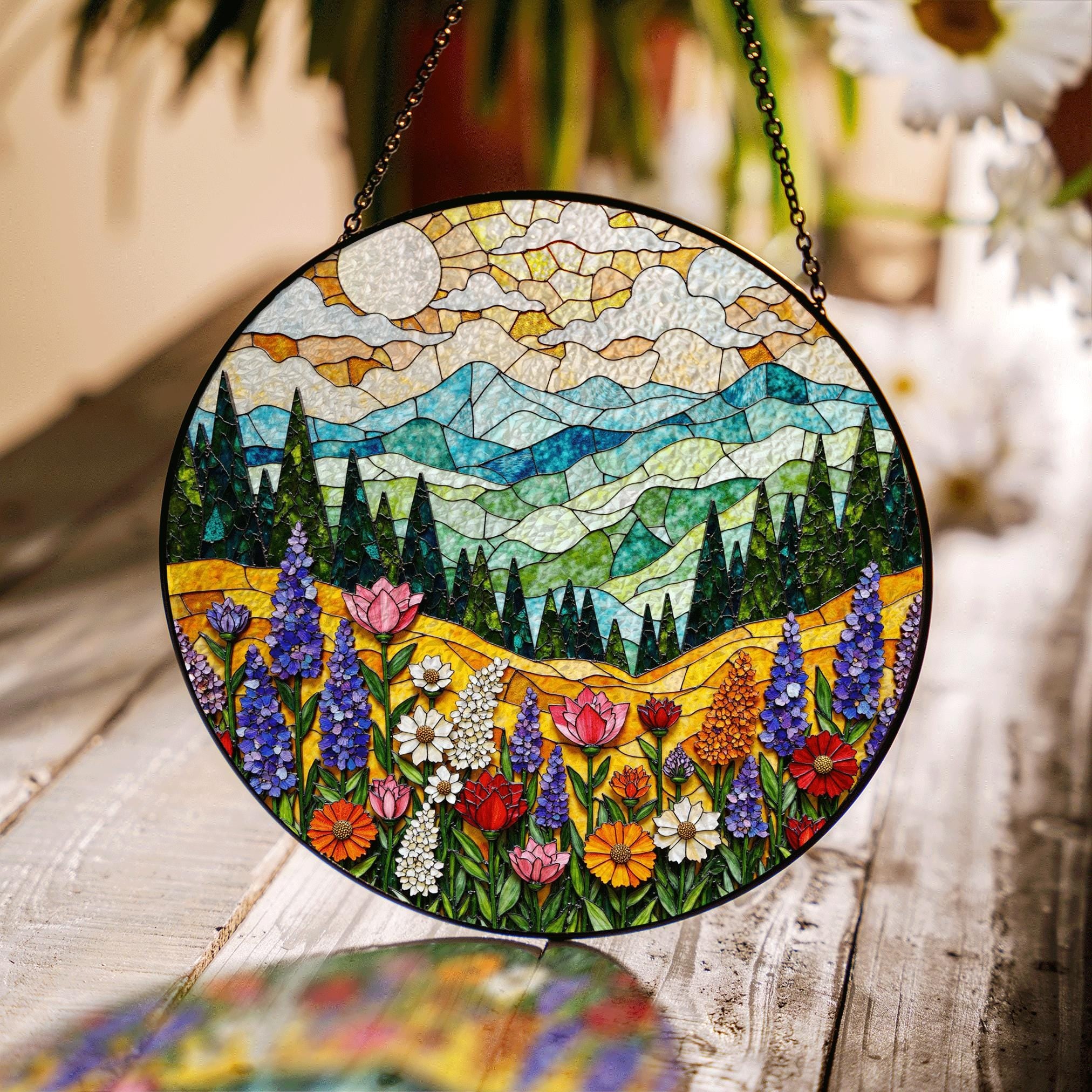 Mountain Wildflower Suncatcher Stained Glass Window Hanging Nature Art Gift for Mom Birthday