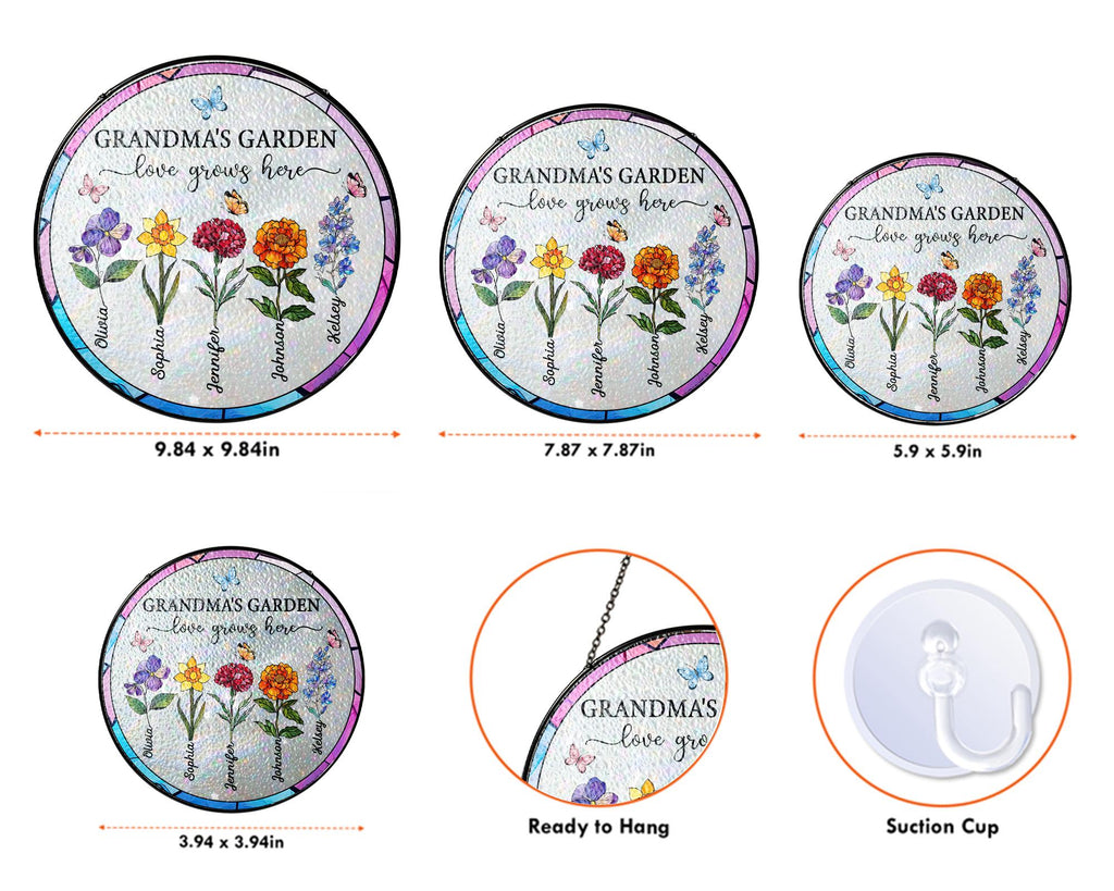 Suncatchers Stained Glass Flower, Personalized Grandma's Garden Suncatcher, Mothers Day Gifts fo Grandma, Nana Stained Glass Window Hangings