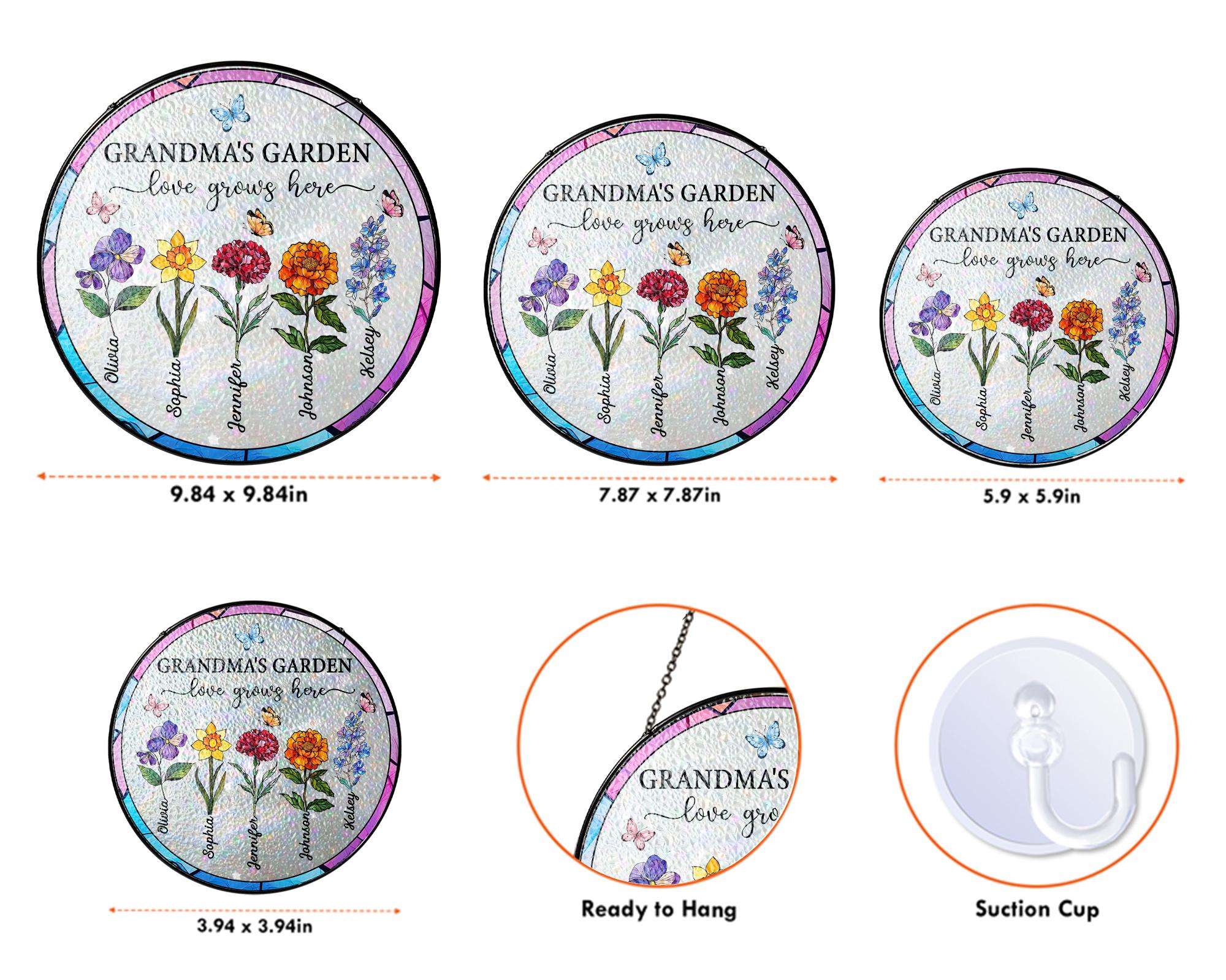 Suncatchers Stained Glass Flower, Personalized Grandma's Garden Suncatcher, Mothers Day Gifts fo Grandma, Nana Stained Glass Window Hangings