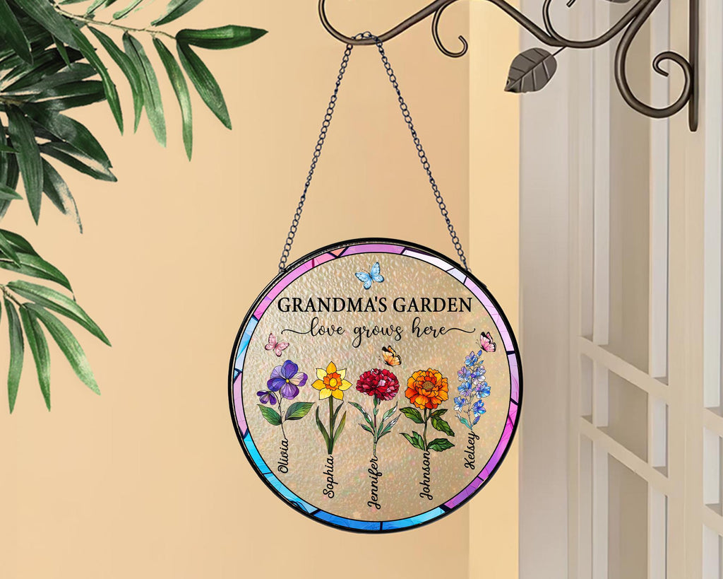 Suncatchers Stained Glass Flower, Personalized Grandma's Garden Suncatcher, Mothers Day Gifts fo Grandma, Nana Stained Glass Window Hangings