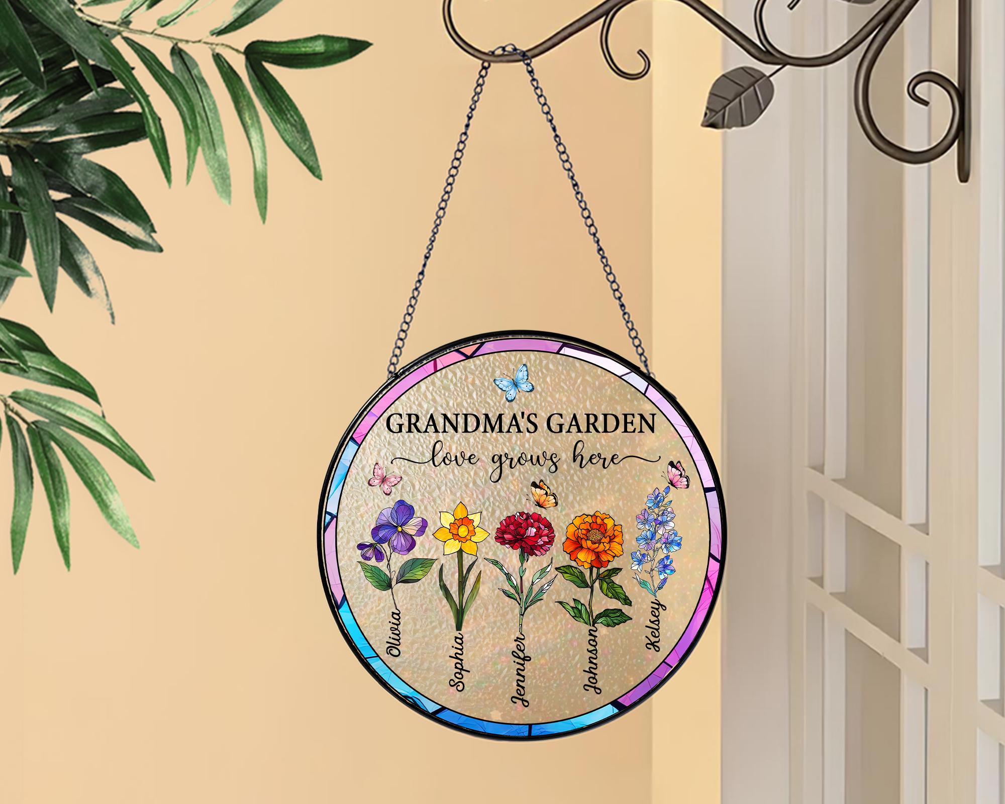 Suncatchers Stained Glass Flower, Personalized Grandma's Garden Suncatcher, Mothers Day Gifts fo Grandma, Nana Stained Glass Window Hangings