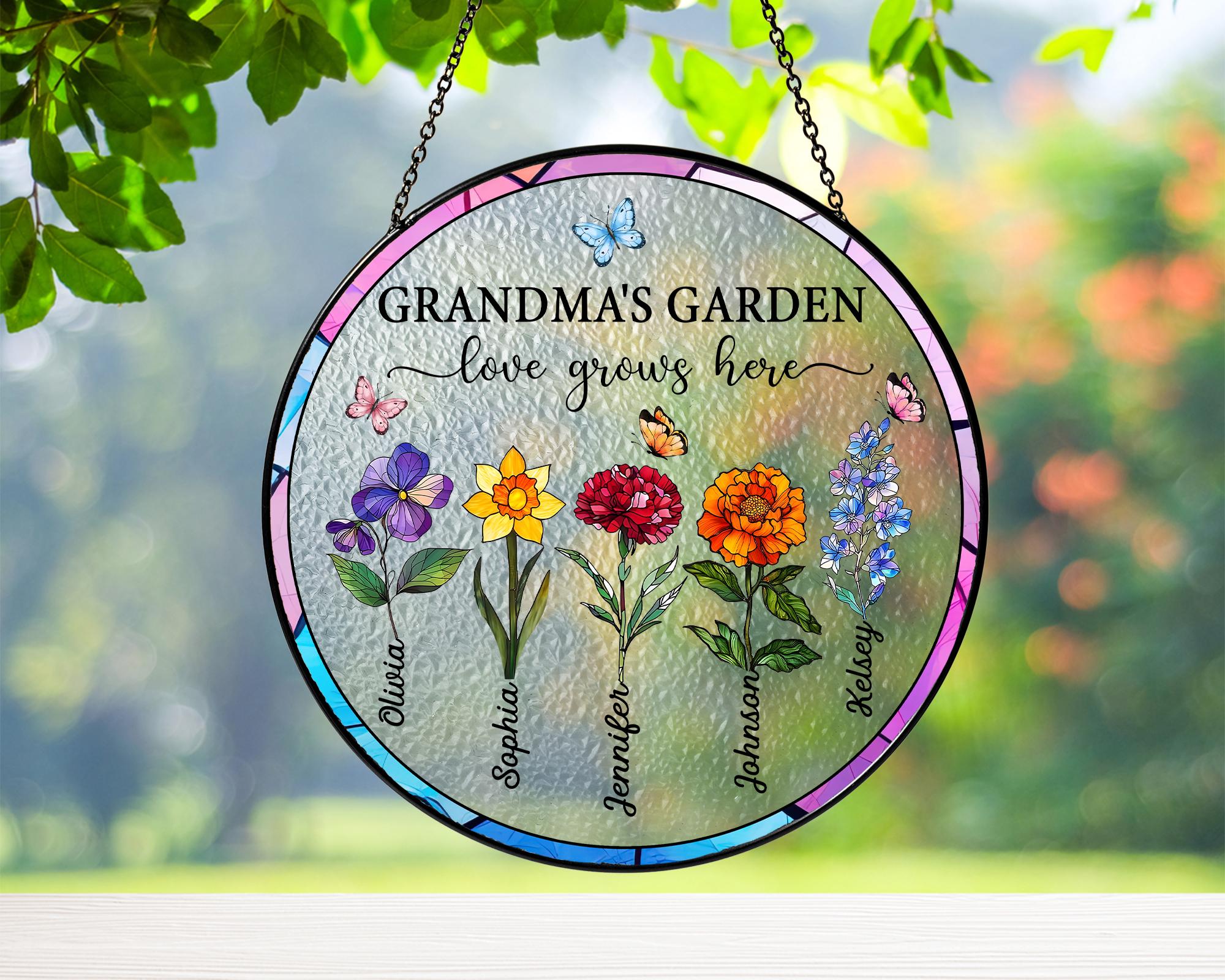 Suncatchers Stained Glass Flower, Personalized Grandma's Garden Suncatcher, Mothers Day Gifts fo Grandma, Nana Stained Glass Window Hangings