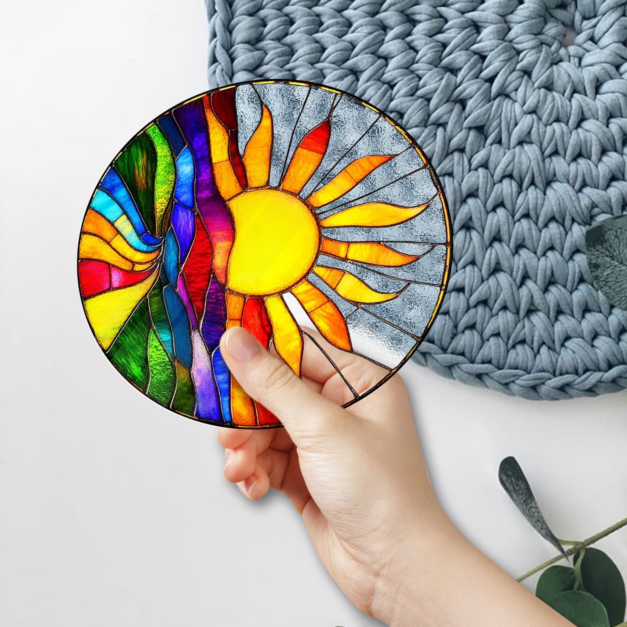 Colorful Sunrise STAINED GLASS Suncatcher – Vibrant Landscape Window Hanging | Round Sun and Nature Art Panel | Boho Home Decor Gift
