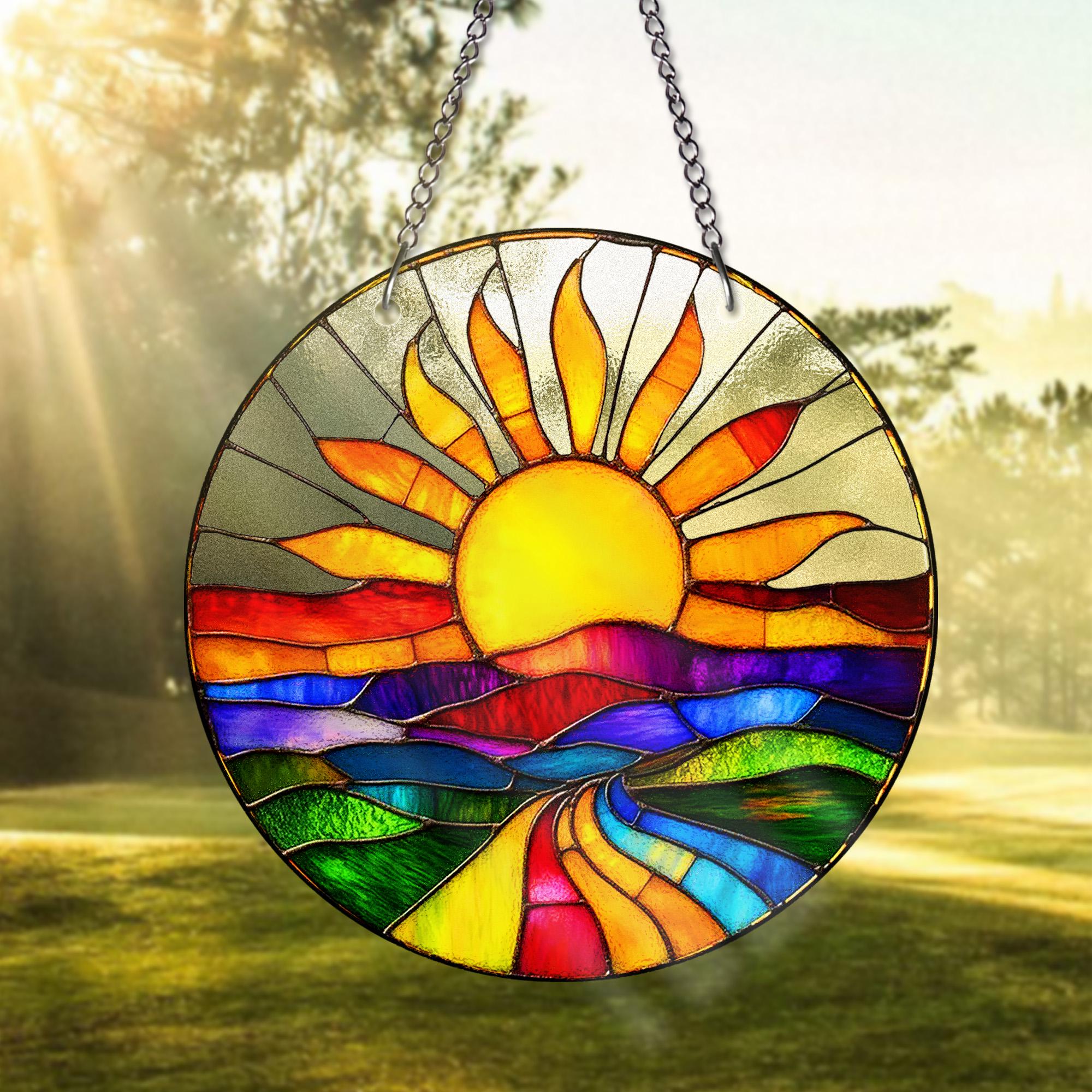 Colorful Sunrise STAINED GLASS Suncatcher – Vibrant Landscape Window Hanging | Round Sun and Nature Art Panel | Boho Home Decor Gift