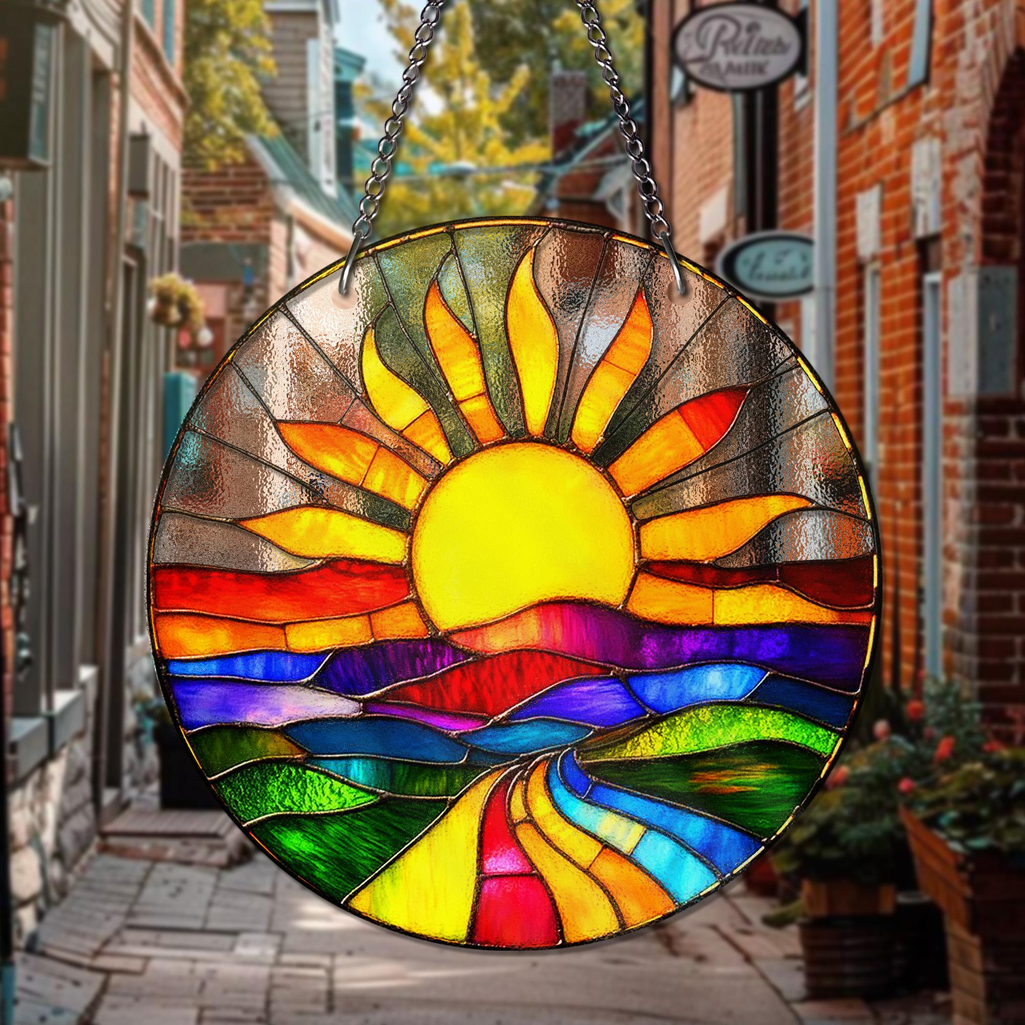Colorful Sunrise STAINED GLASS Suncatcher – Vibrant Landscape Window Hanging | Round Sun and Nature Art Panel | Boho Home Decor Gift