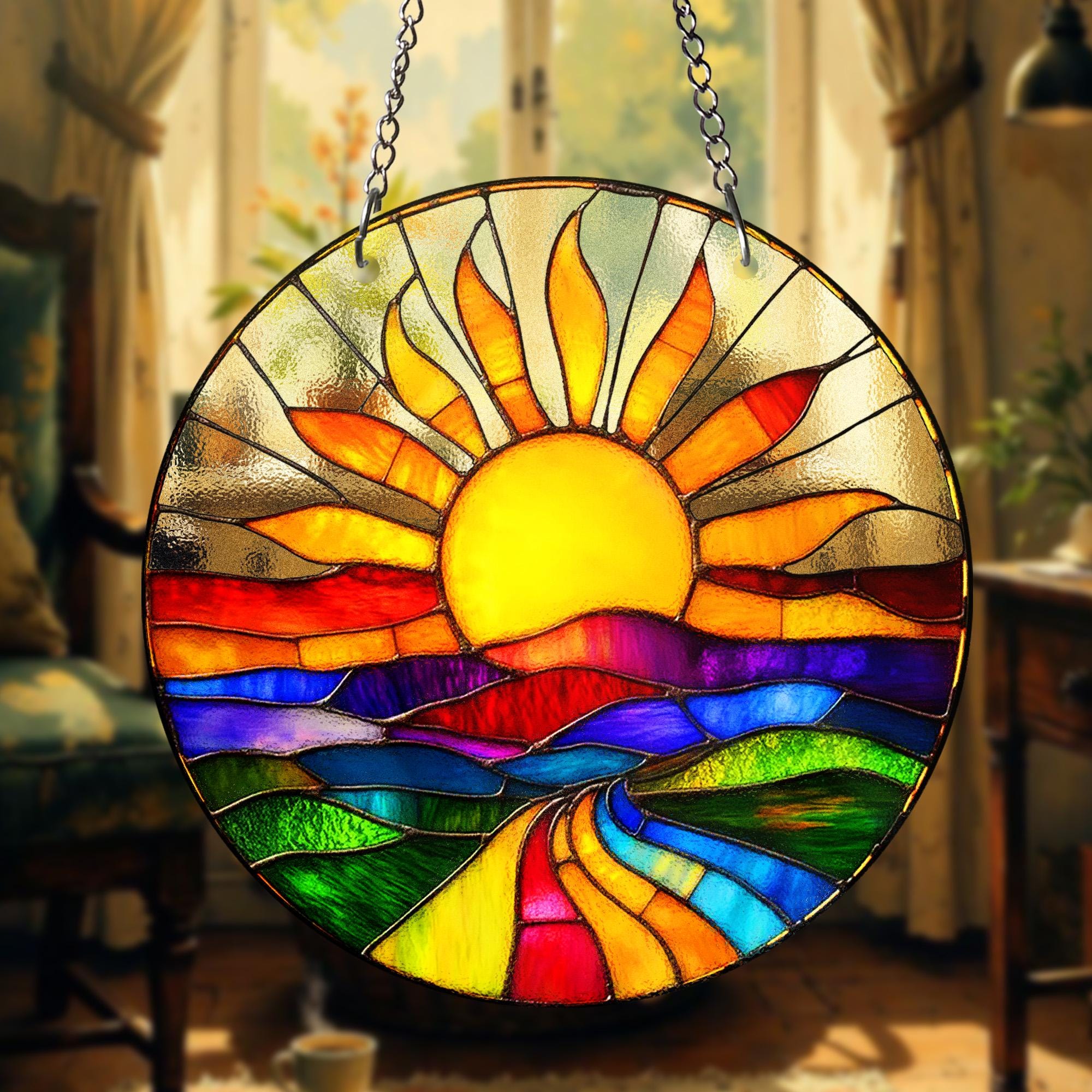 Colorful Sunrise STAINED GLASS Suncatcher – Vibrant Landscape Window Hanging | Round Sun and Nature Art Panel | Boho Home Decor Gift