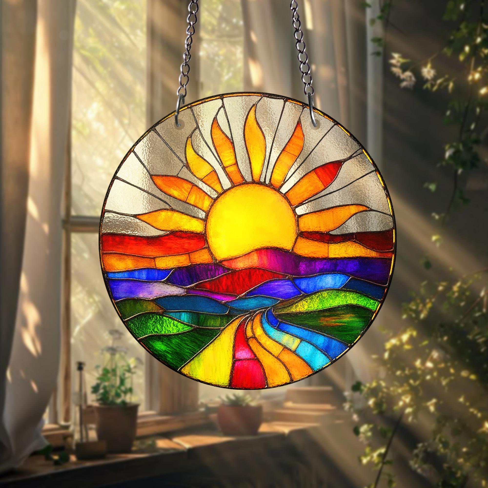 Colorful Sunrise STAINED GLASS Suncatcher – Vibrant Landscape Window Hanging | Round Sun and Nature Art Panel | Boho Home Decor Gift