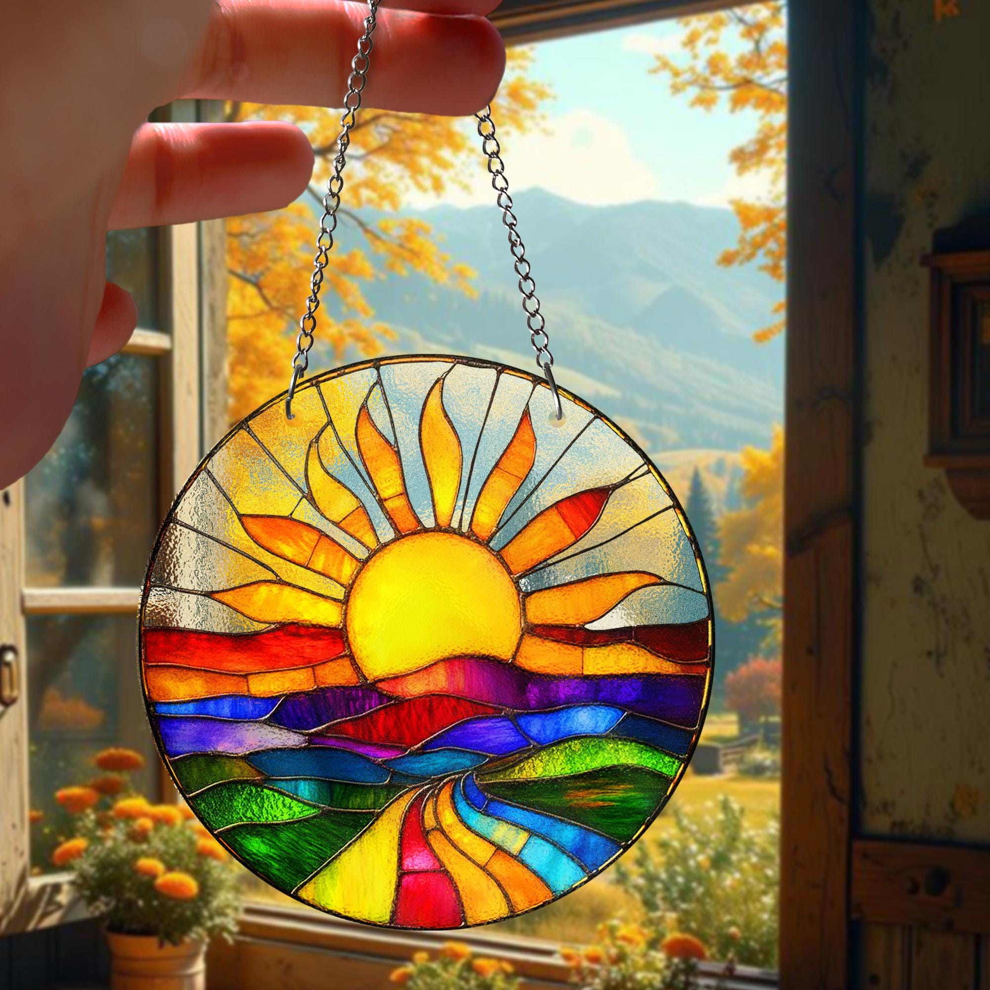 Colorful Sunrise STAINED GLASS Suncatcher – Vibrant Landscape Window Hanging | Round Sun and Nature Art Panel | Boho Home Decor Gift