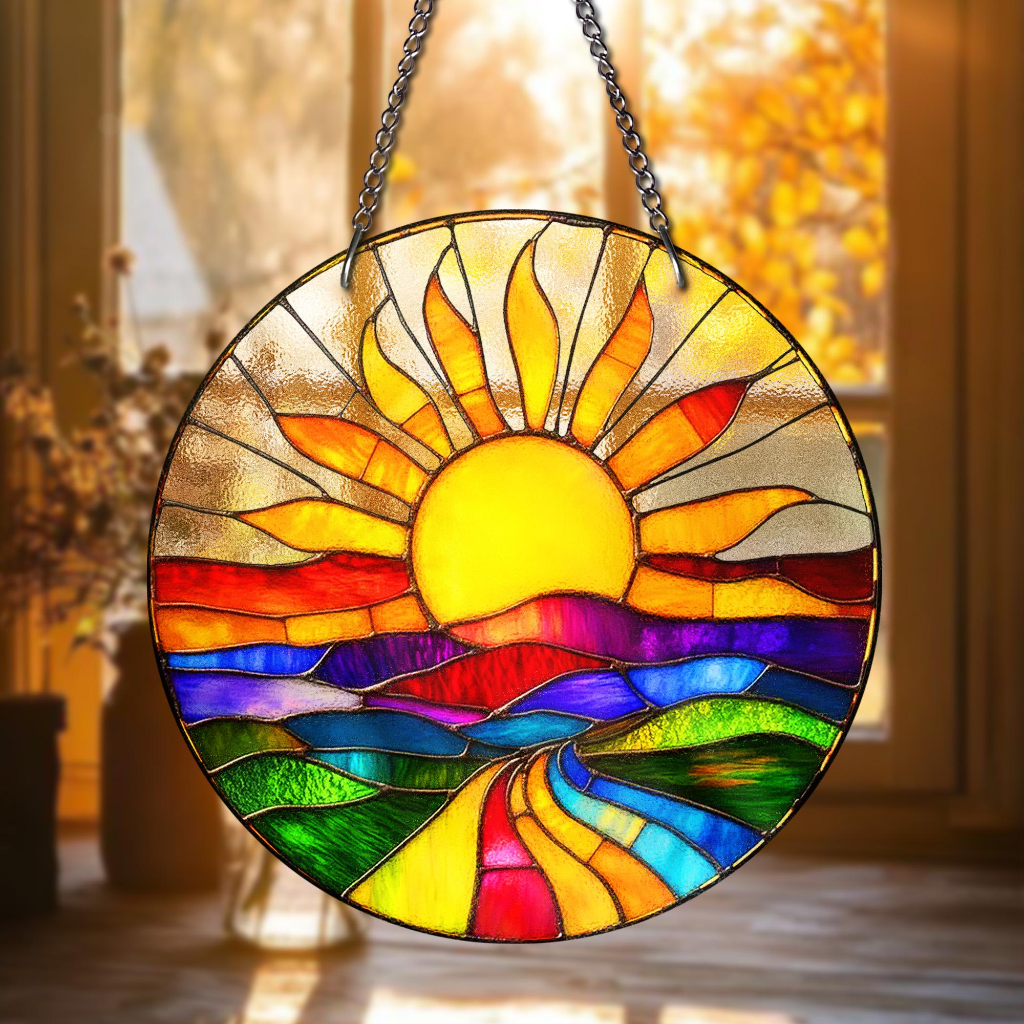 Colorful Sunrise STAINED GLASS Suncatcher – Vibrant Landscape Window Hanging | Round Sun and Nature Art Panel | Boho Home Decor Gift
