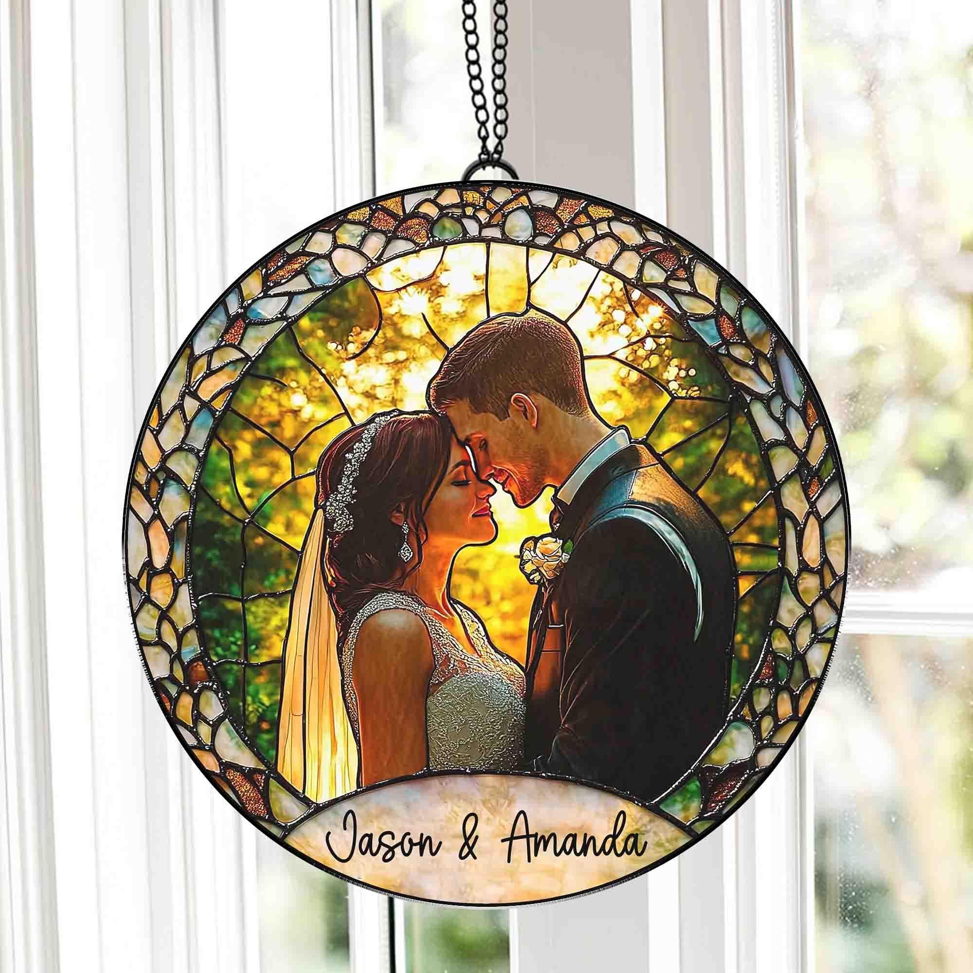 Custom Photo Stained Glass Suncatcher, Wedding Anniversary Valentine Gift, Couple Personalized Window Hanging Suncatcher, For Husband Wife
