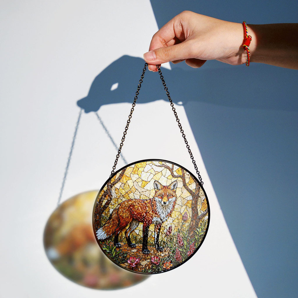 Stained Glass Fox in Forest Round Suncatcher Woodland Animal Window Decor Gift for Nature Lover