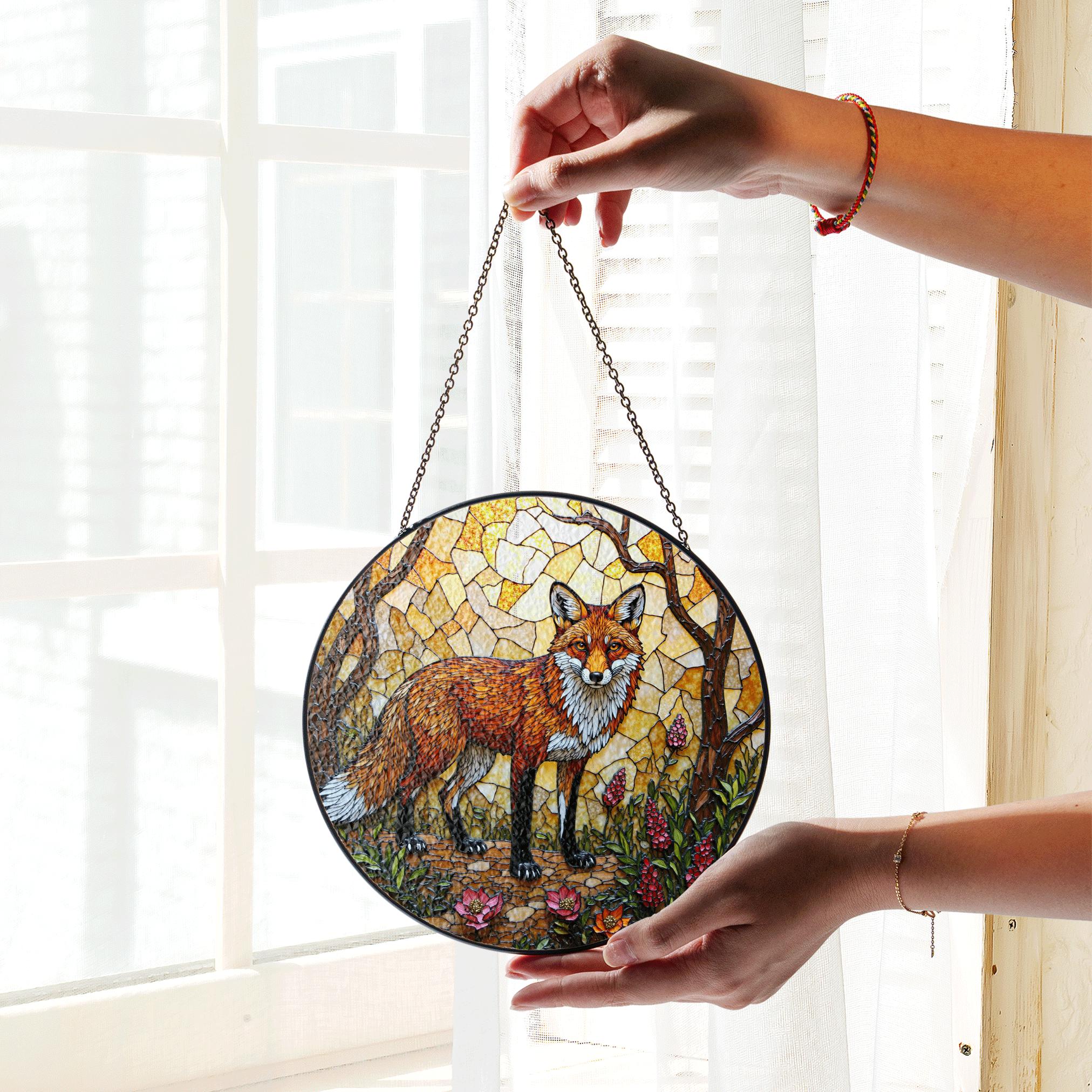 Stained Glass Fox in Forest Round Suncatcher Woodland Animal Window Decor Gift for Nature Lover