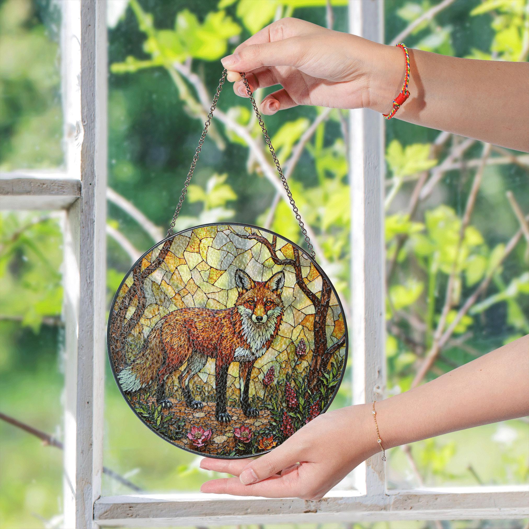 Stained Glass Fox in Forest Round Suncatcher Woodland Animal Window Decor Gift for Nature Lover