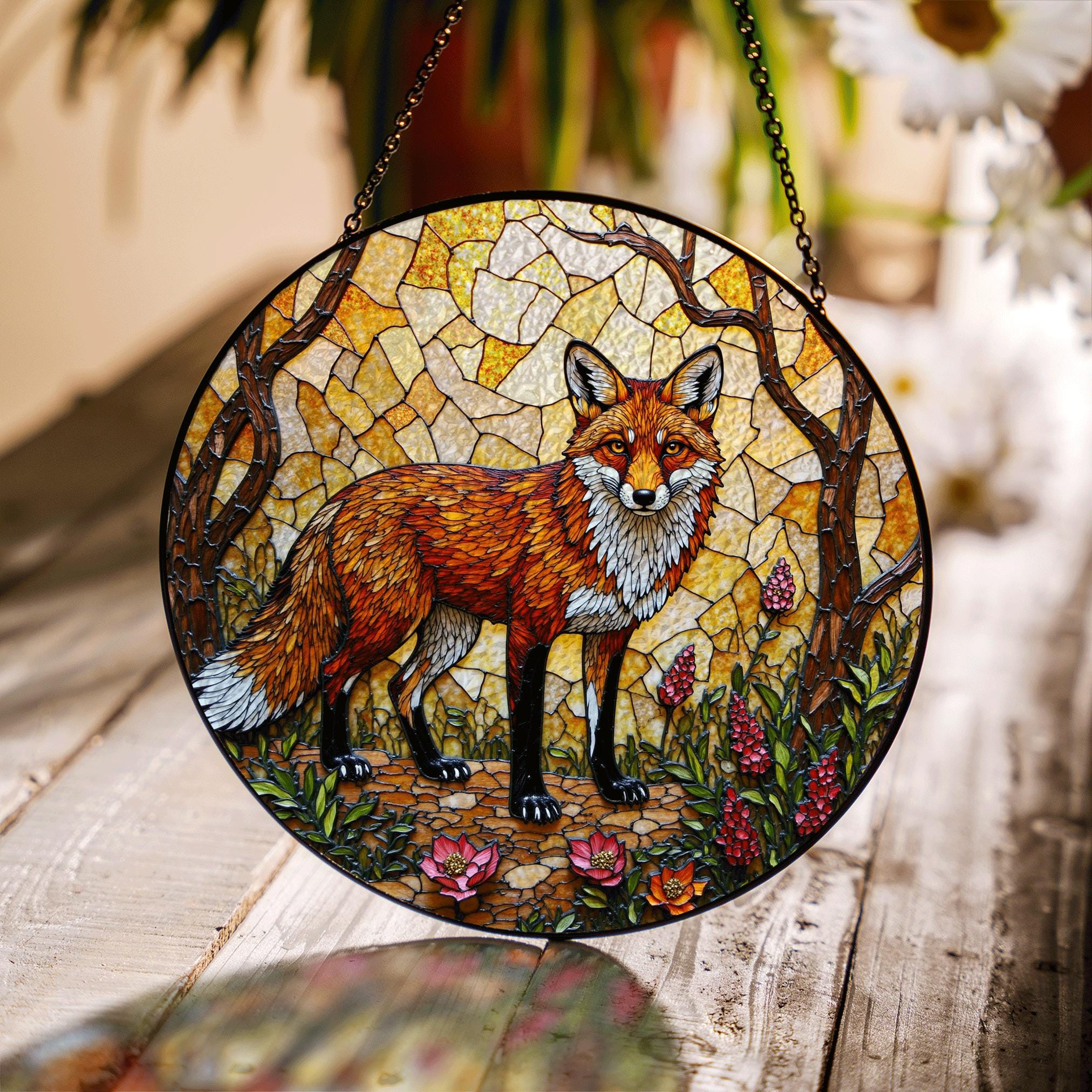 Stained Glass Fox in Forest Round Suncatcher Woodland Animal Window Decor Gift for Nature Lover