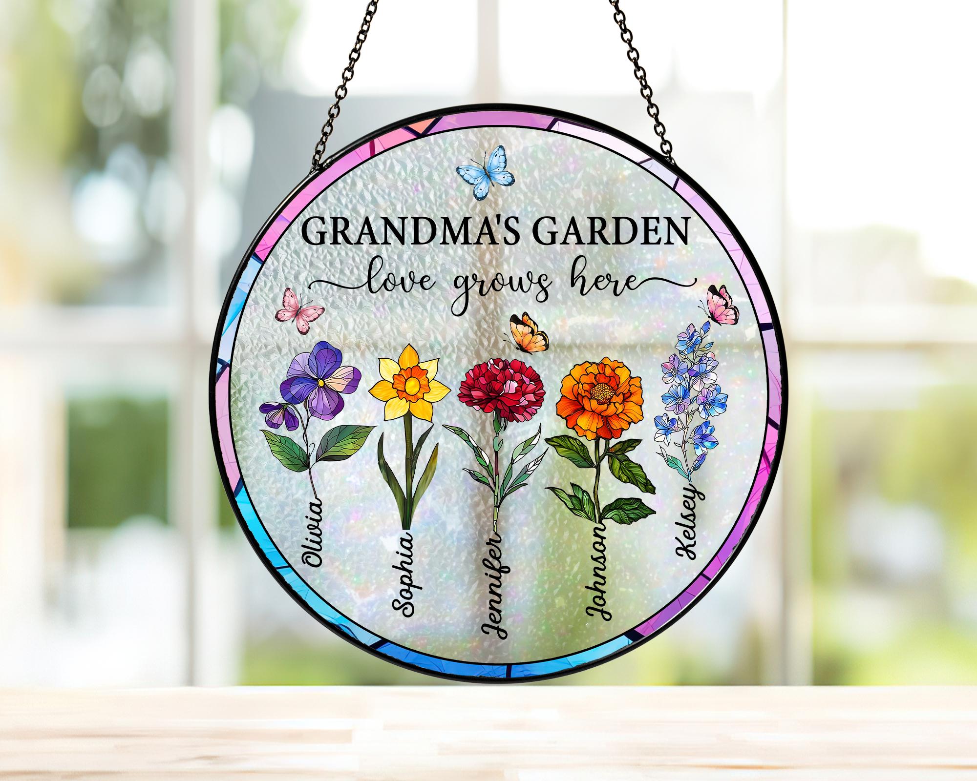 Suncatchers Stained Glass Flower, Personalized Grandma's Garden Suncatcher, Mothers Day Gifts fo Grandma, Nana Stained Glass Window Hangings