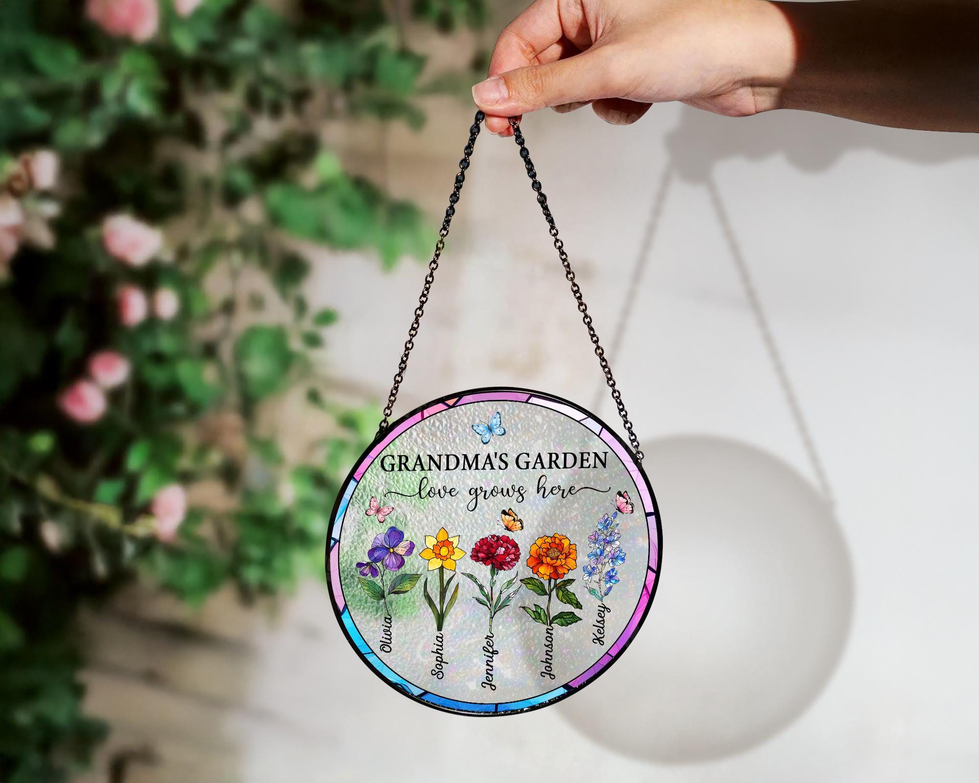 Suncatchers Stained Glass Flower, Personalized Grandma's Garden Suncatcher, Mothers Day Gifts fo Grandma, Nana Stained Glass Window Hangings