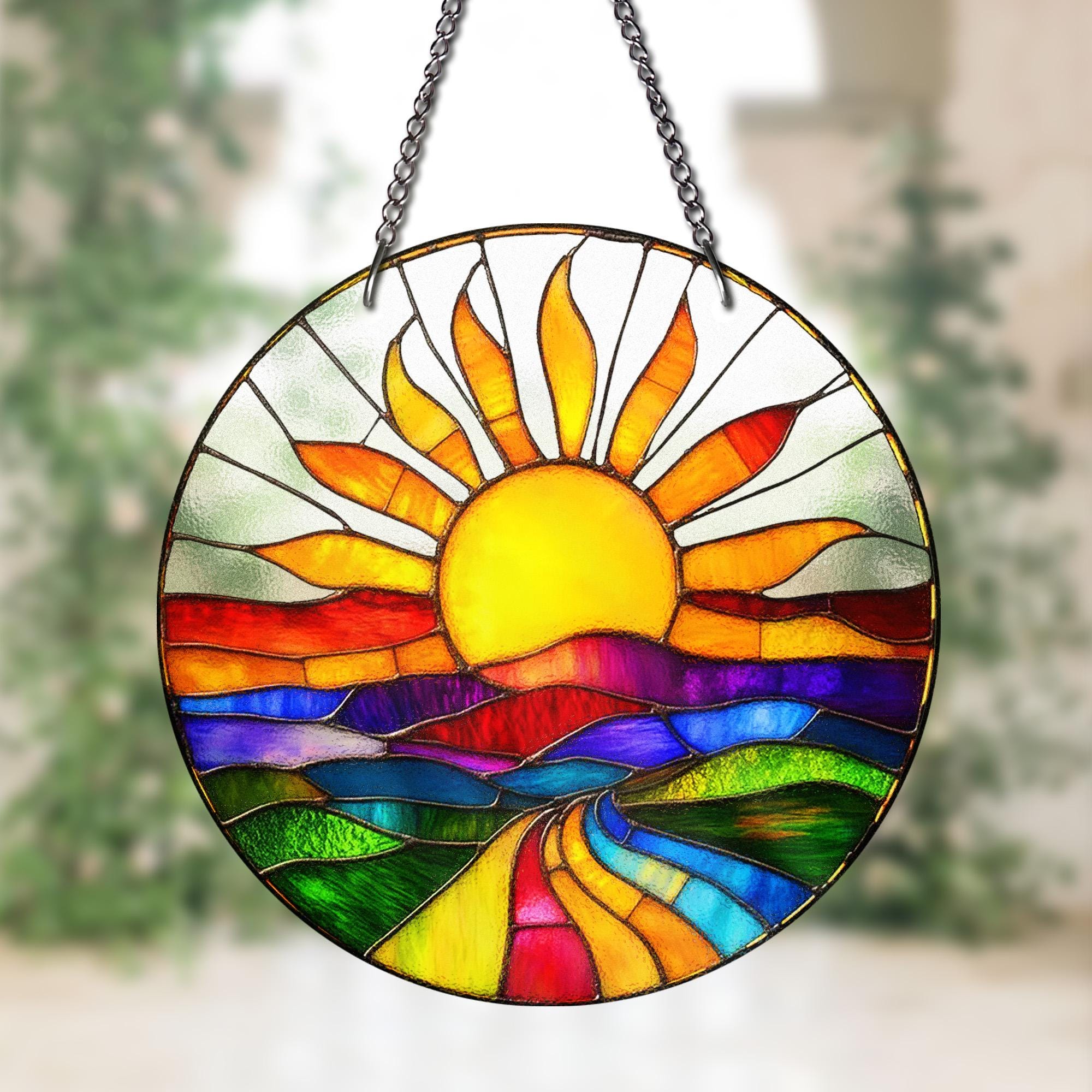 Colorful Sunrise STAINED GLASS Suncatcher – Vibrant Landscape Window Hanging | Round Sun and Nature Art Panel | Boho Home Decor Gift