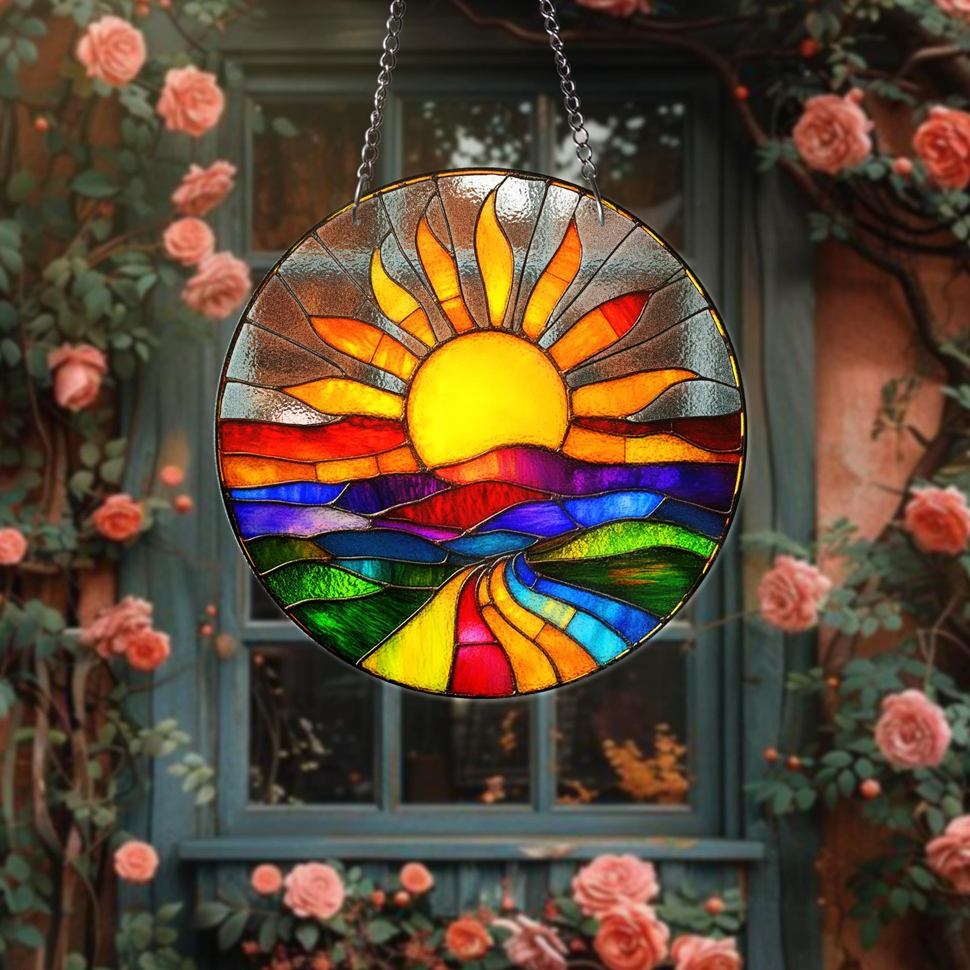 Colorful Sunrise STAINED GLASS Suncatcher – Vibrant Landscape Window Hanging | Round Sun and Nature Art Panel | Boho Home Decor Gift