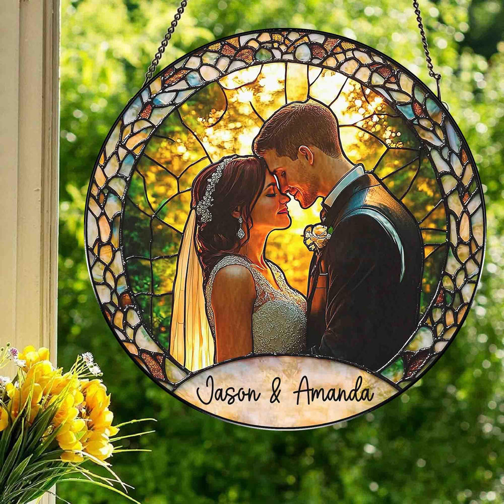 Custom Photo Stained Glass Suncatcher, Wedding Anniversary Valentine Gift, Couple Personalized Window Hanging Suncatcher, For Husband Wife