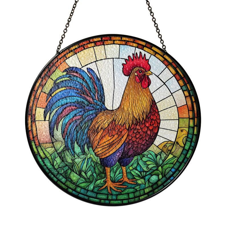 Ruster Stained Glass Suncatcher, Stained Glass Window With Birds, Stained Glass Bird Sun Catcher, Backyard Chickens Stained Glass Suncatcher