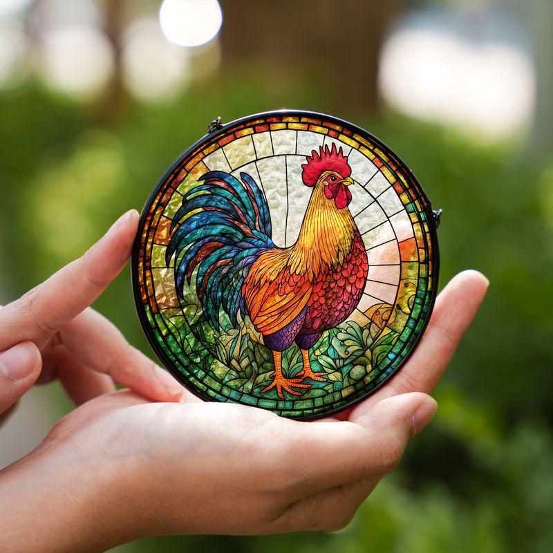 Ruster Stained Glass Suncatcher, Stained Glass Window With Birds, Stained Glass Bird Sun Catcher, Backyard Chickens Stained Glass Suncatcher