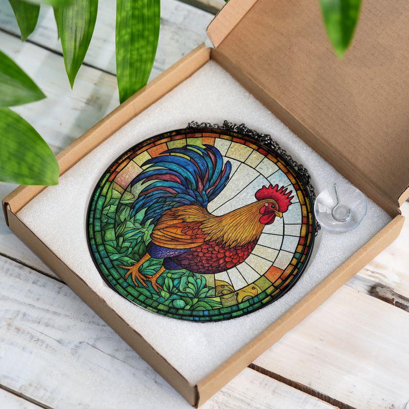 Ruster Stained Glass Suncatcher, Stained Glass Window With Birds, Stained Glass Bird Sun Catcher, Backyard Chickens Stained Glass Suncatcher