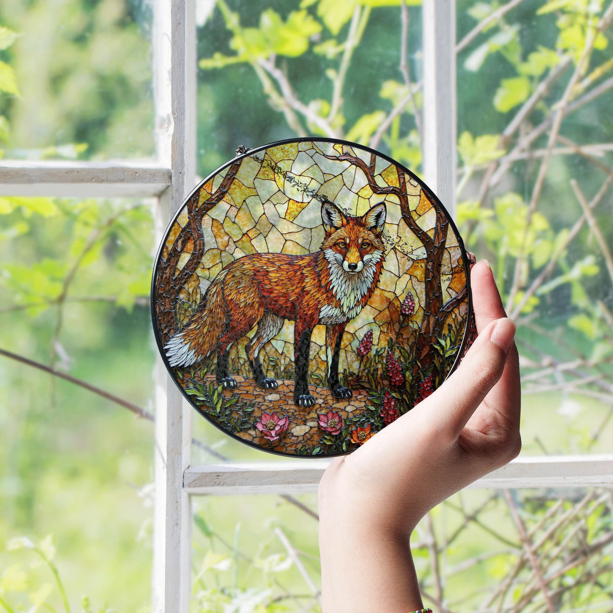 Stained Glass Fox in Forest Round Suncatcher Woodland Animal Window Decor Gift for Nature Lover