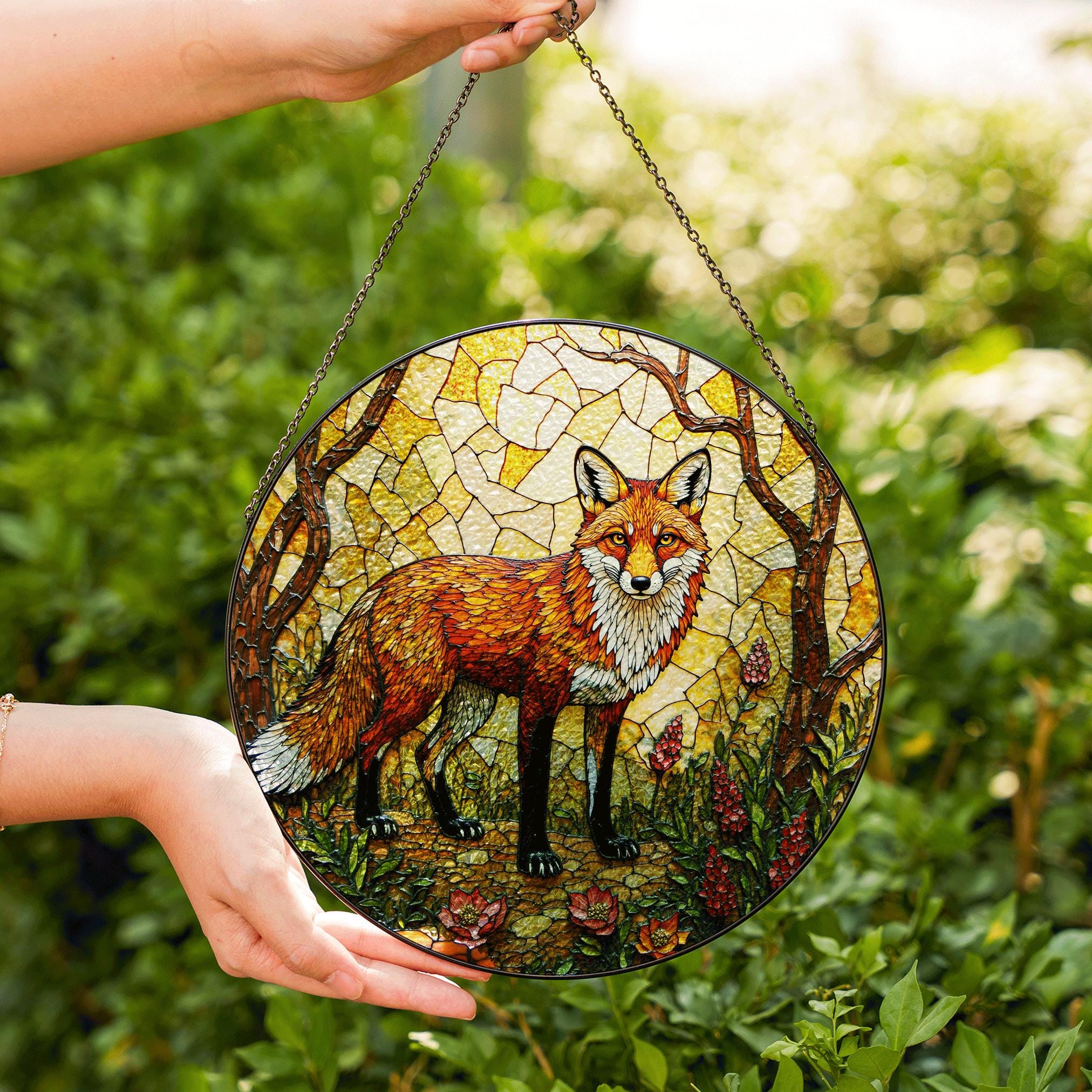 Stained Glass Fox in Forest Round Suncatcher Woodland Animal Window Decor Gift for Nature Lover