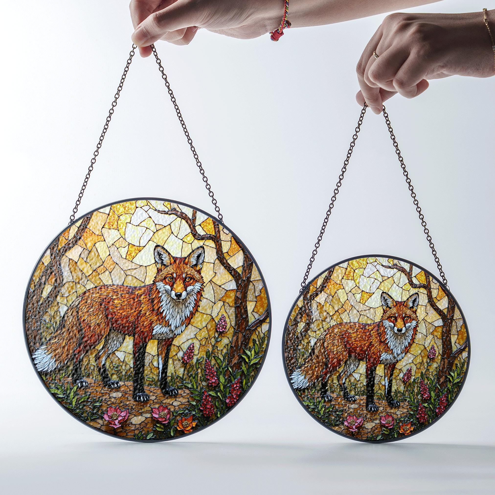 Stained Glass Fox in Forest Round Suncatcher Woodland Animal Window Decor Gift for Nature Lover