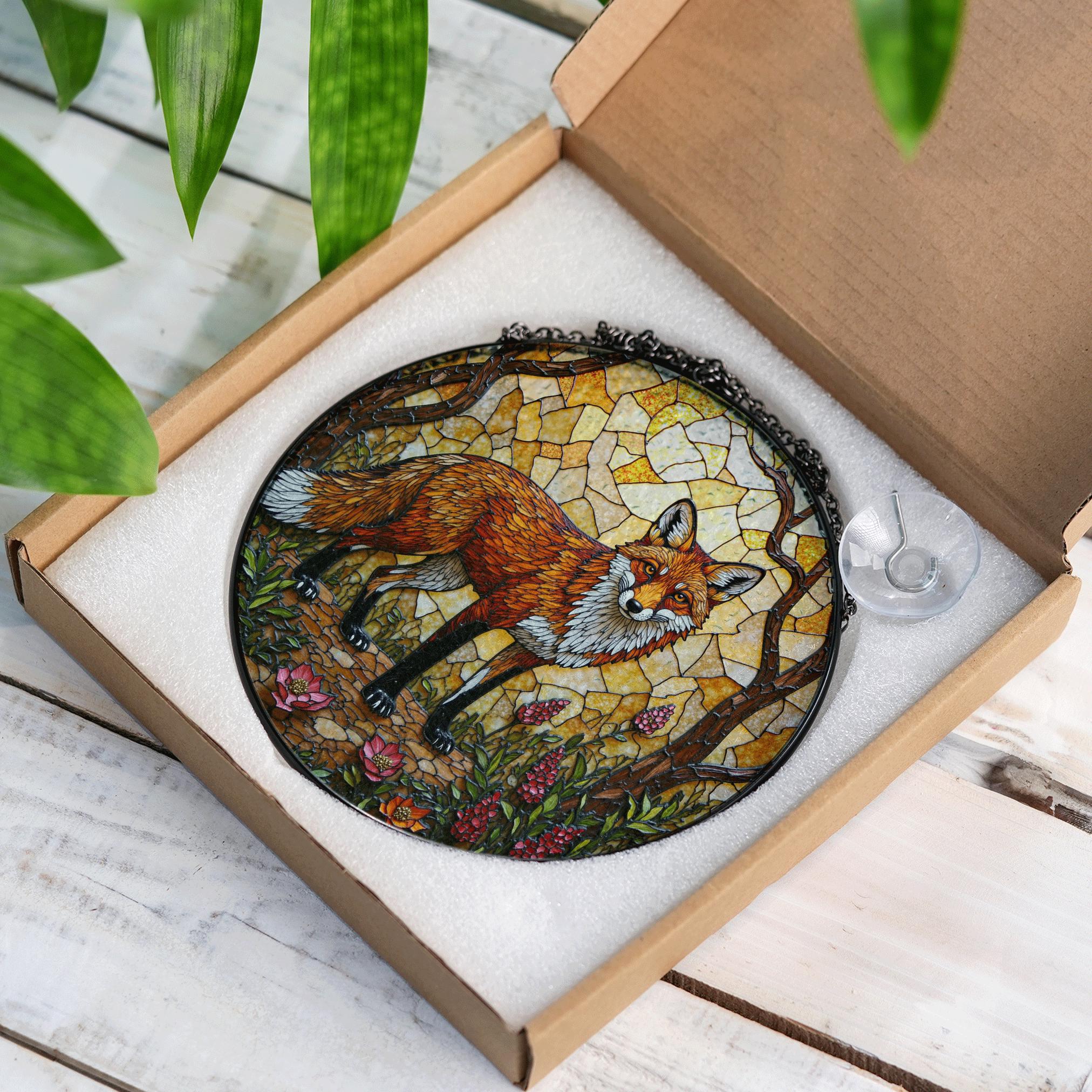 Stained Glass Fox in Forest Round Suncatcher Woodland Animal Window Decor Gift for Nature Lover