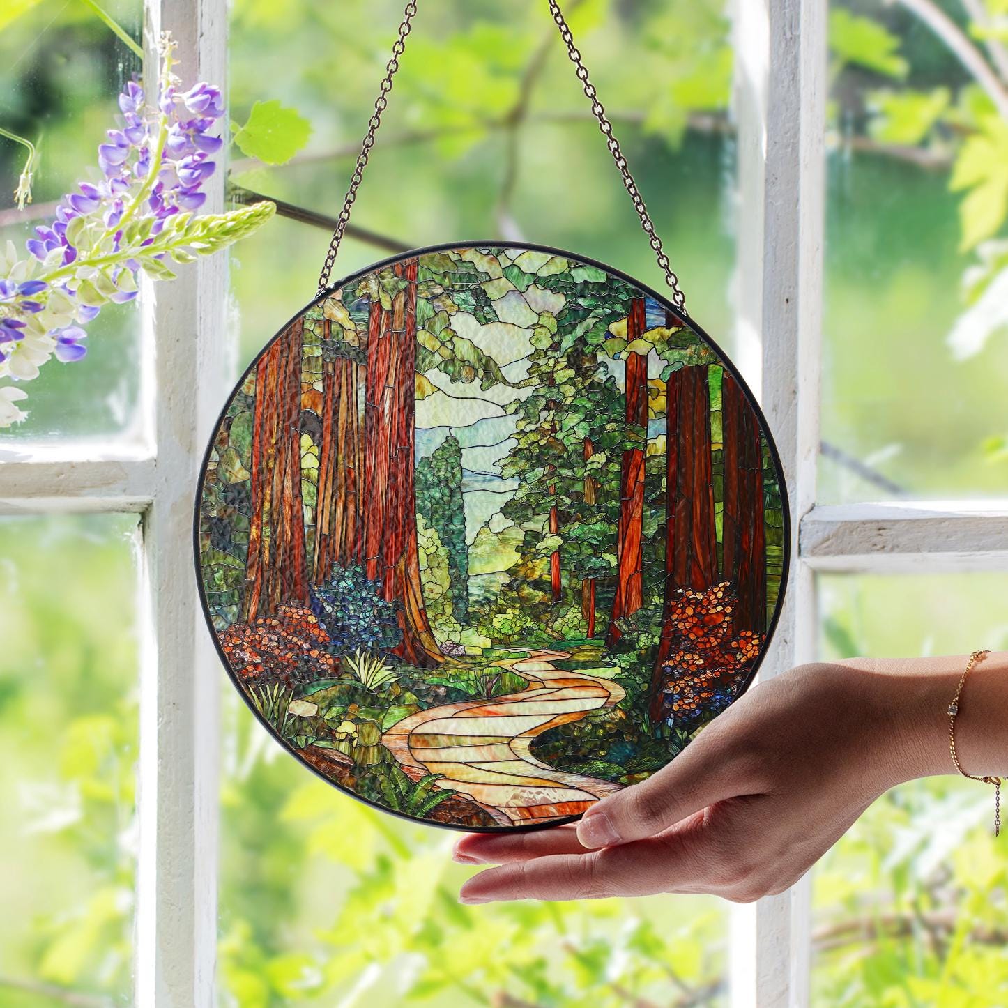 Redwood Forest Stained Glass Suncatcher, Forest Tree Wall Decor, Nature Window Hanging, Tree Hanging Sign, Gift For Nature Lovers