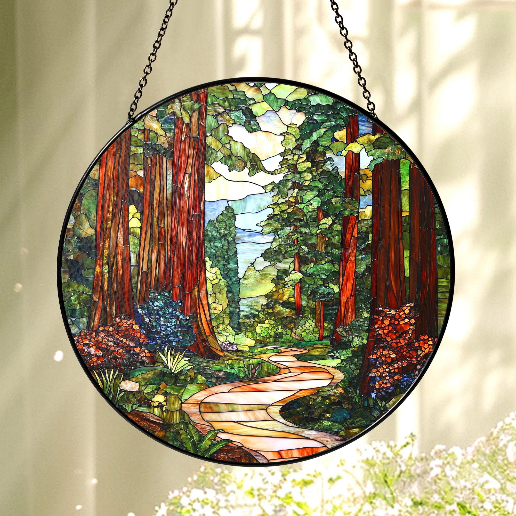 Redwood Forest Stained Glass Suncatcher, Forest Tree Wall Decor, Nature Window Hanging, Tree Hanging Sign, Gift For Nature Lovers