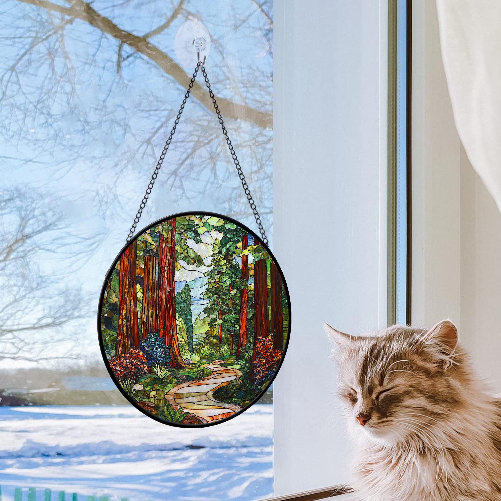Redwood Forest Stained Glass Suncatcher, Forest Tree Wall Decor, Nature Window Hanging, Tree Hanging Sign, Gift For Nature Lovers