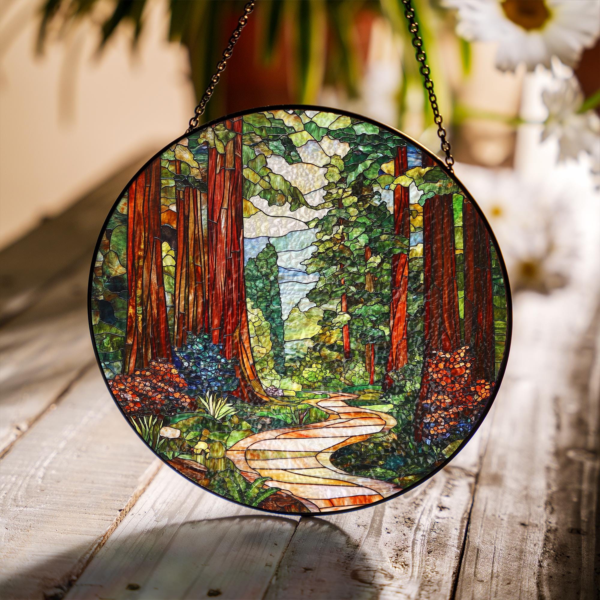 Redwood Forest Stained Glass Suncatcher, Forest Tree Wall Decor, Nature Window Hanging, Tree Hanging Sign, Gift For Nature Lovers