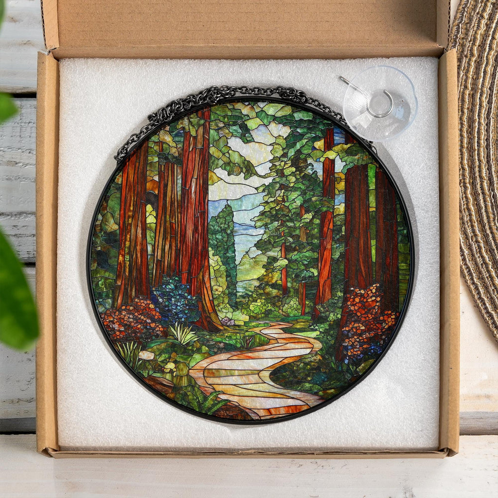 Redwood Forest Stained Glass Suncatcher, Forest Tree Wall Decor, Nature Window Hanging, Tree Hanging Sign, Gift For Nature Lovers