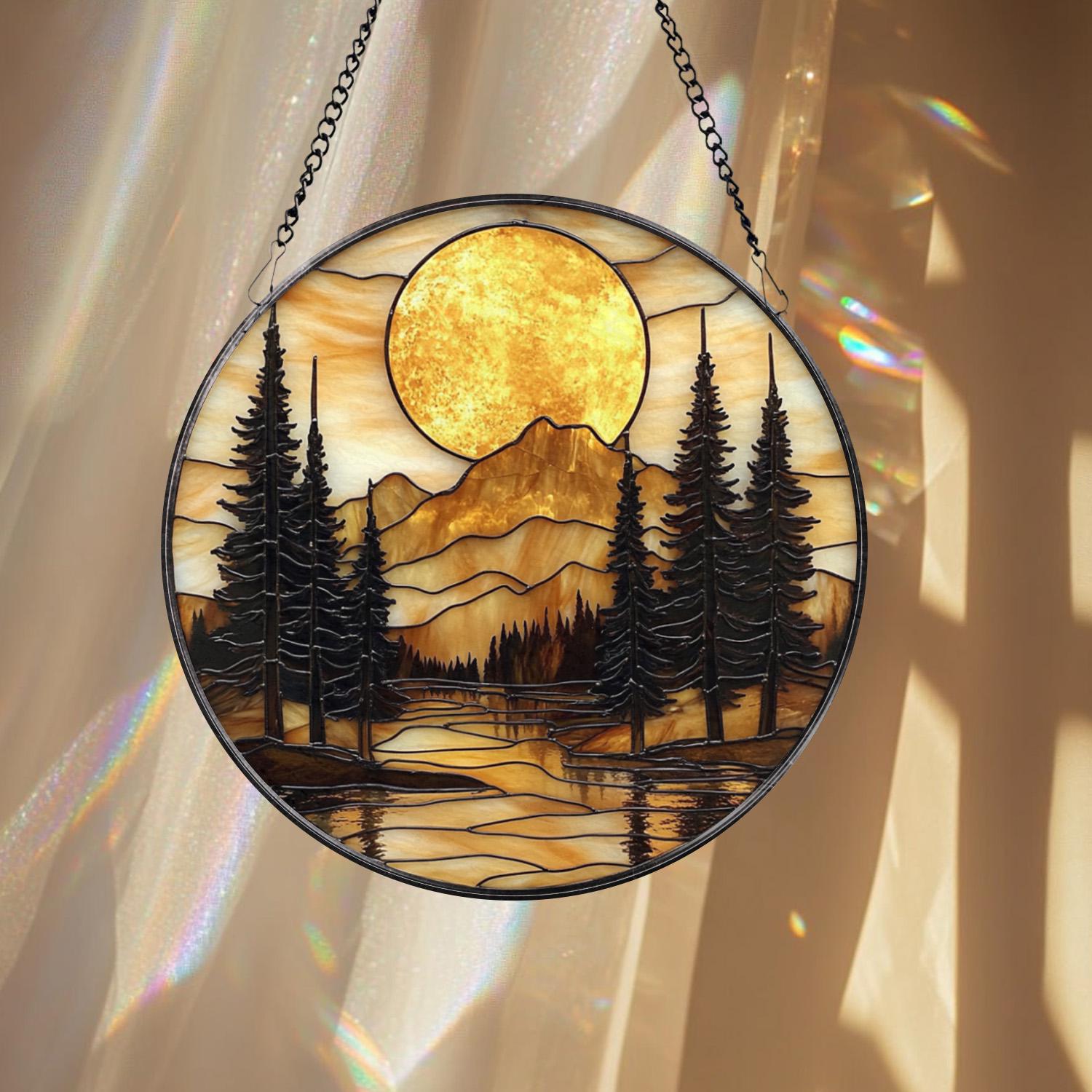 Mountain Sunset Stained Glass Suncatcher, Nature Landscape Window Hanging, Round Forest Glass Art, Rustic Cabin Decor Gift