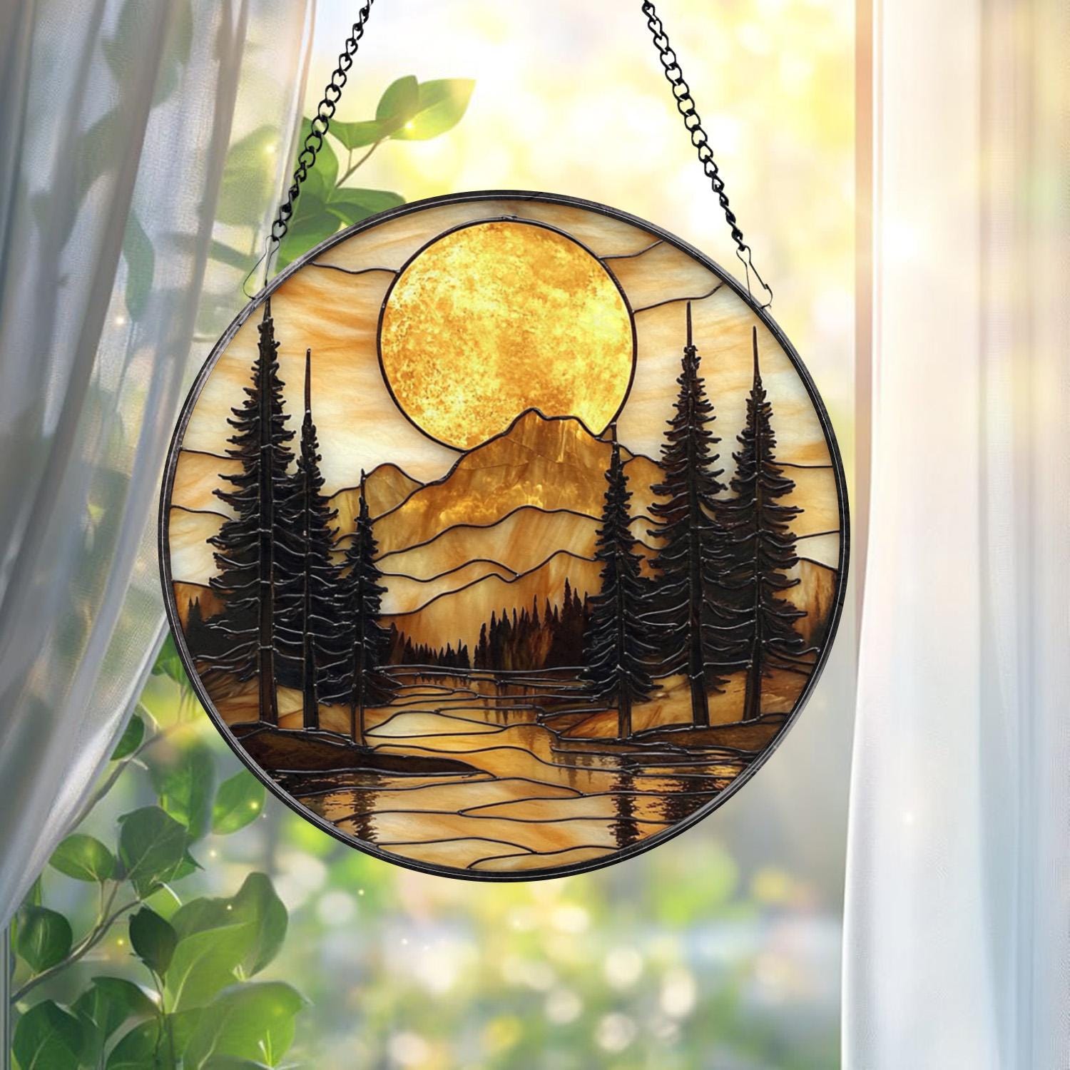 Mountain Sunset Stained Glass Suncatcher, Nature Landscape Window Hanging, Round Forest Glass Art, Rustic Cabin Decor Gift