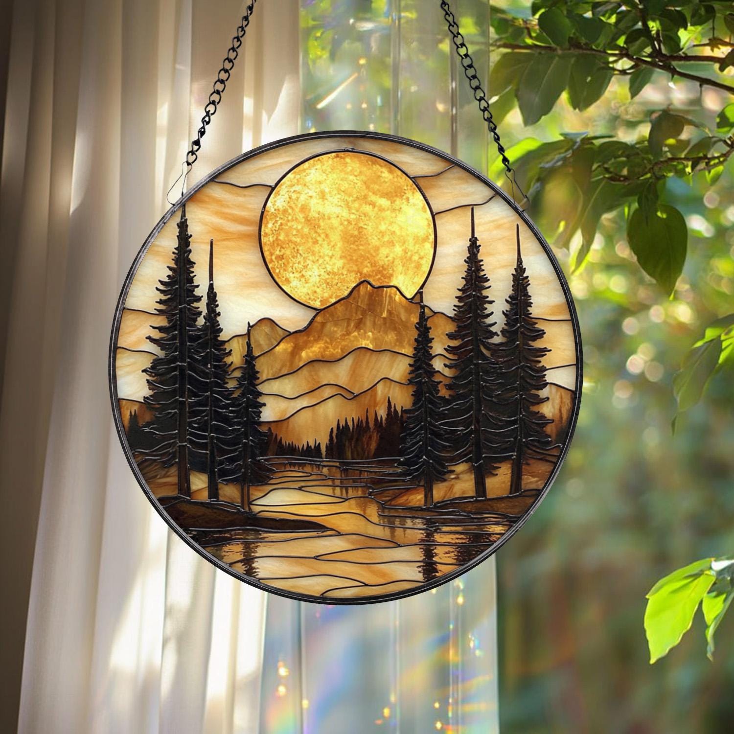 Mountain Sunset Stained Glass Suncatcher, Nature Landscape Window Hanging, Round Forest Glass Art, Rustic Cabin Decor Gift