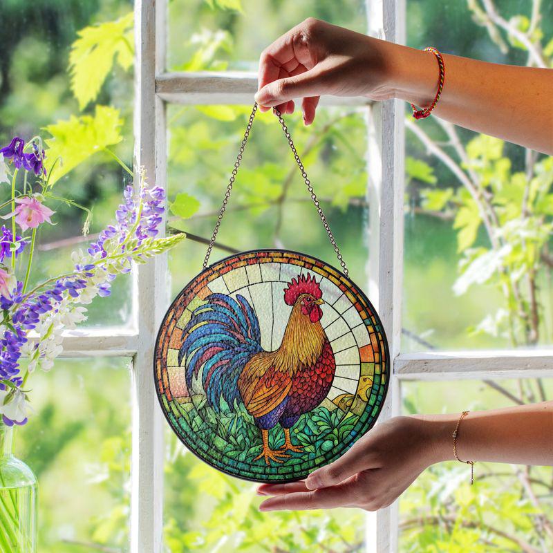 Ruster Stained Glass Suncatcher, Stained Glass Window With Birds, Stained Glass Bird Sun Catcher, Backyard Chickens Stained Glass Suncatcher