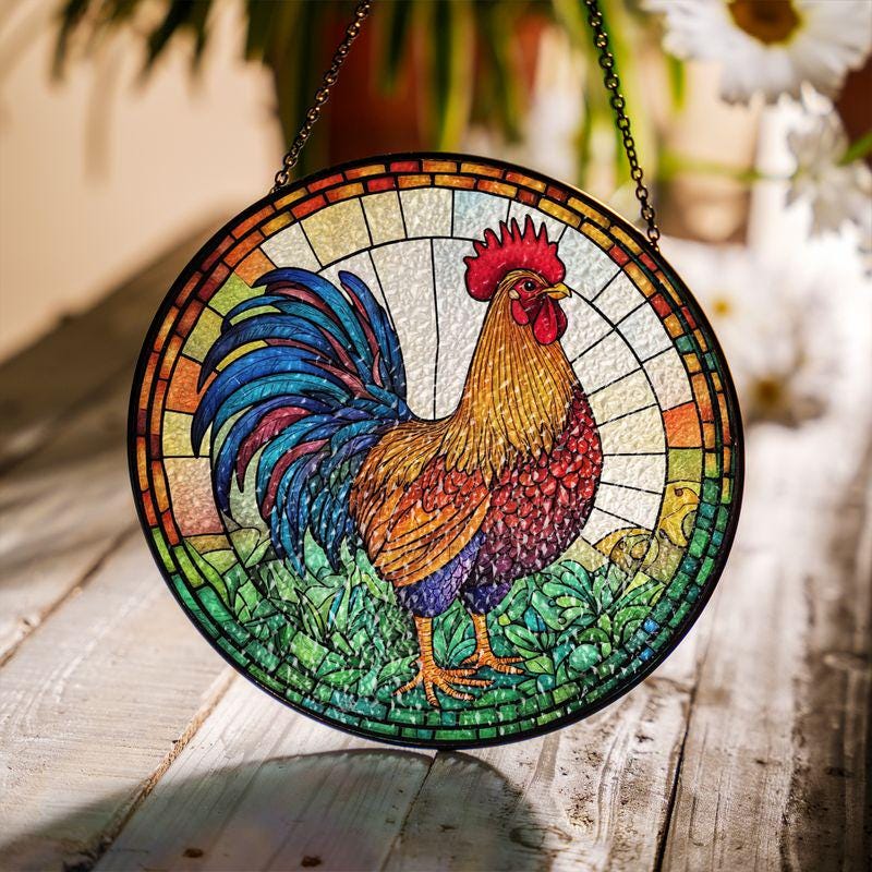 Ruster Stained Glass Suncatcher, Stained Glass Window With Birds, Stained Glass Bird Sun Catcher, Backyard Chickens Stained Glass Suncatcher