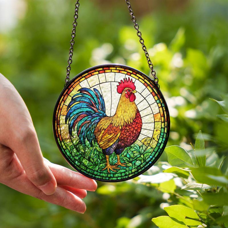Ruster Stained Glass Suncatcher, Stained Glass Window With Birds, Stained Glass Bird Sun Catcher, Backyard Chickens Stained Glass Suncatcher