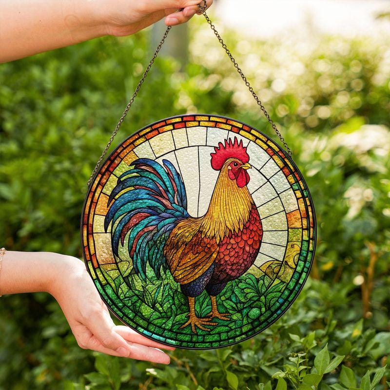 Ruster Stained Glass Suncatcher, Stained Glass Window With Birds, Stained Glass Bird Sun Catcher, Backyard Chickens Stained Glass Suncatcher