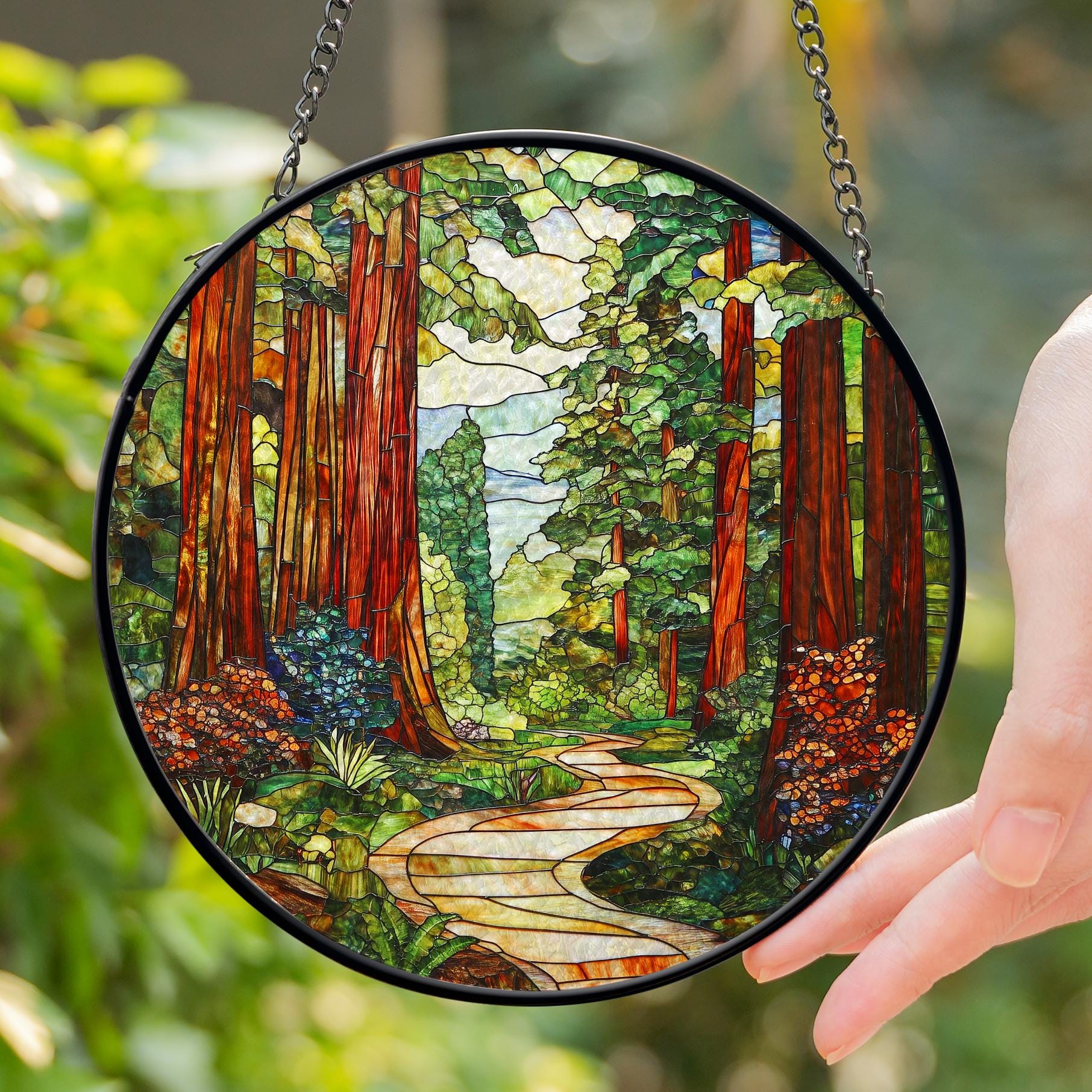 Redwood Forest Stained Glass Suncatcher, Forest Tree Wall Decor, Nature Window Hanging, Tree Hanging Sign, Gift For Nature Lovers