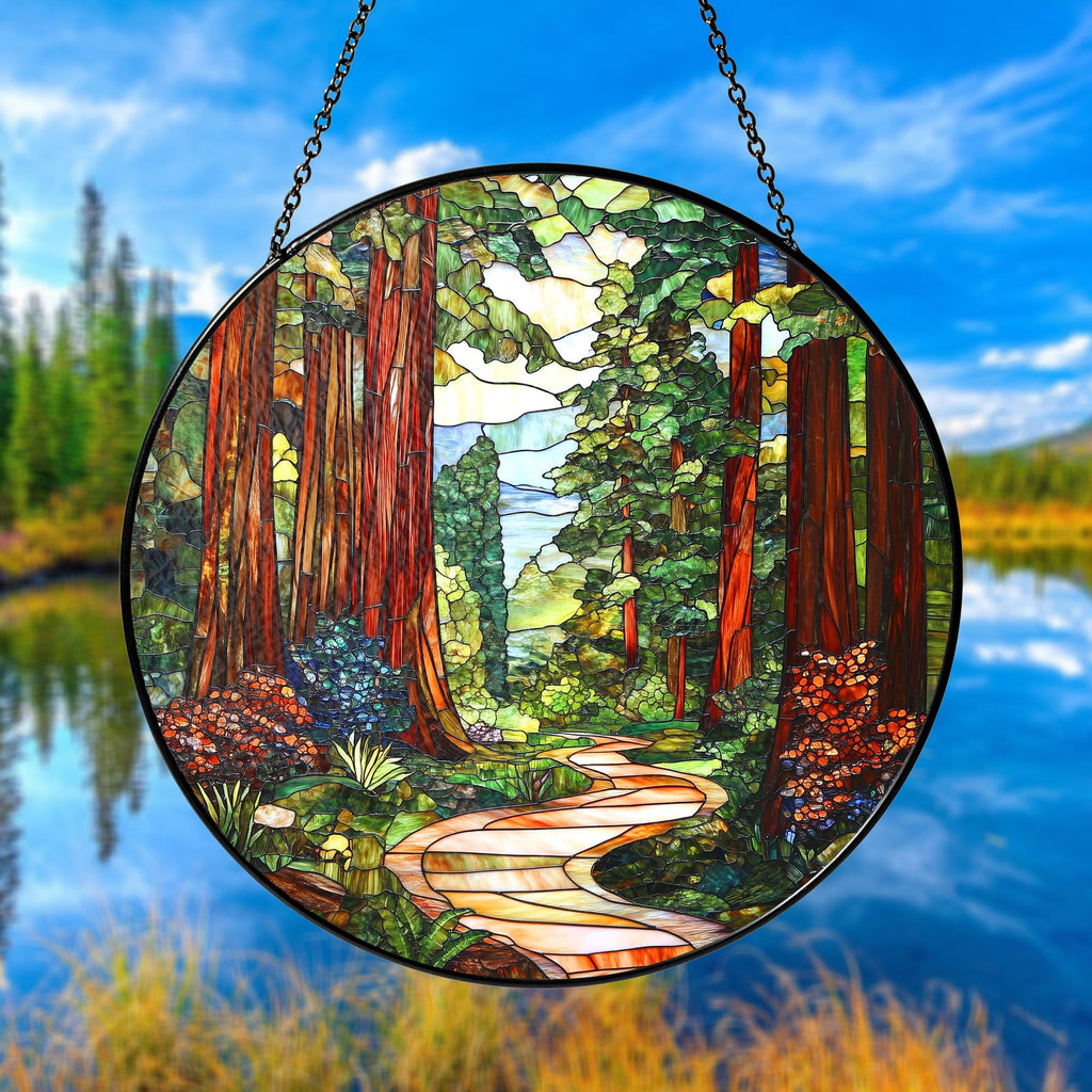 Redwood Forest Stained Glass Suncatcher, Forest Tree Wall Decor, Nature Window Hanging, Tree Hanging Sign, Gift For Nature Lovers