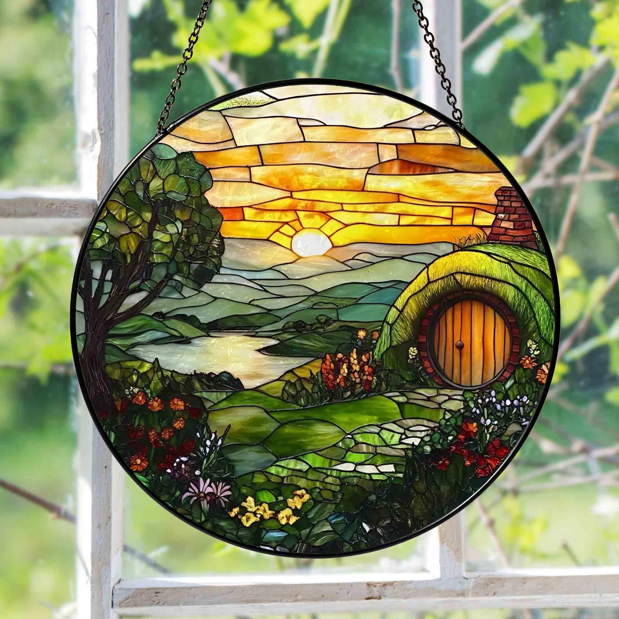The Shire Stained Glass Suncatcher, Hobbit House Acrylic Decor, Fantasy window hanging, LOTR Inspired Gift, Whimsical Cottagecore Accent