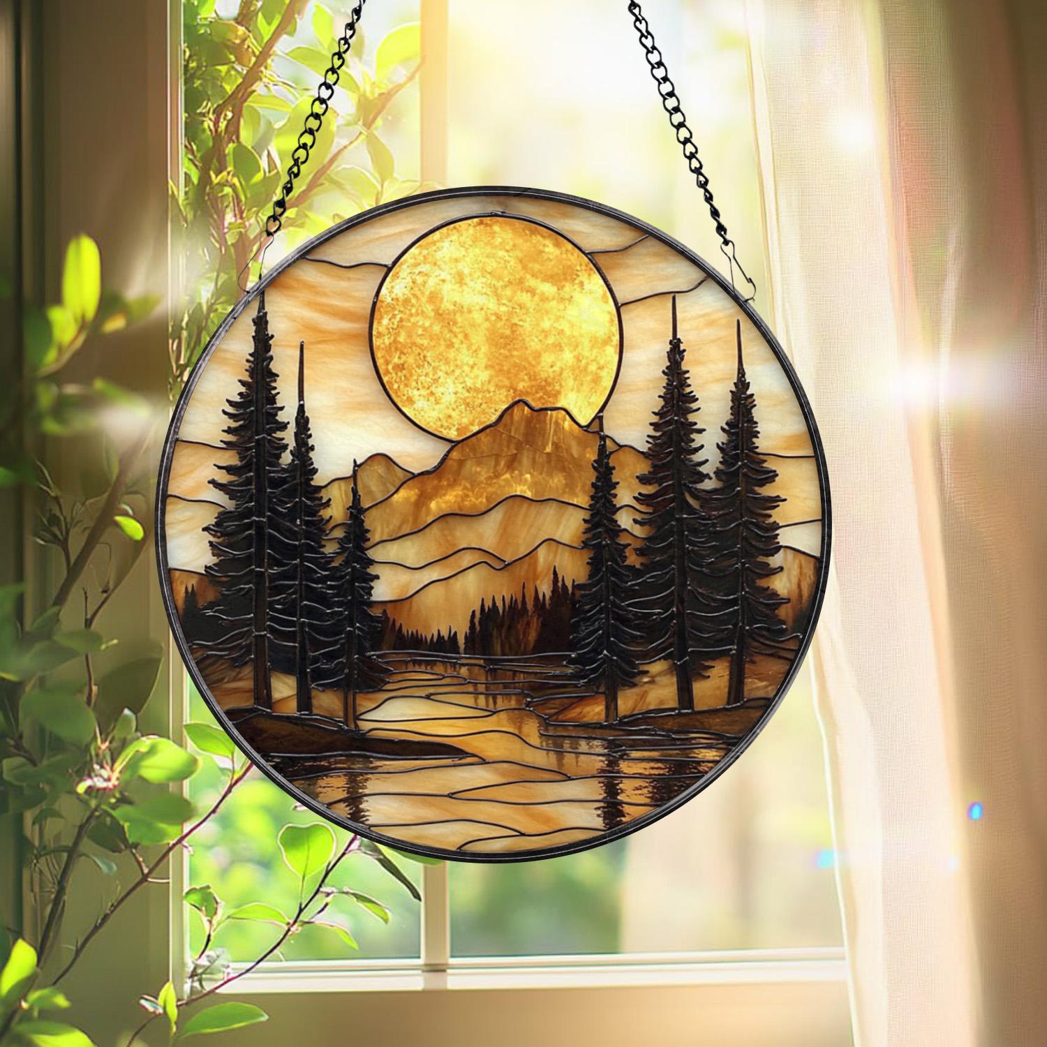 Mountain Sunset Stained Glass Suncatcher, Nature Landscape Window Hanging, Round Forest Glass Art, Rustic Cabin Decor Gift